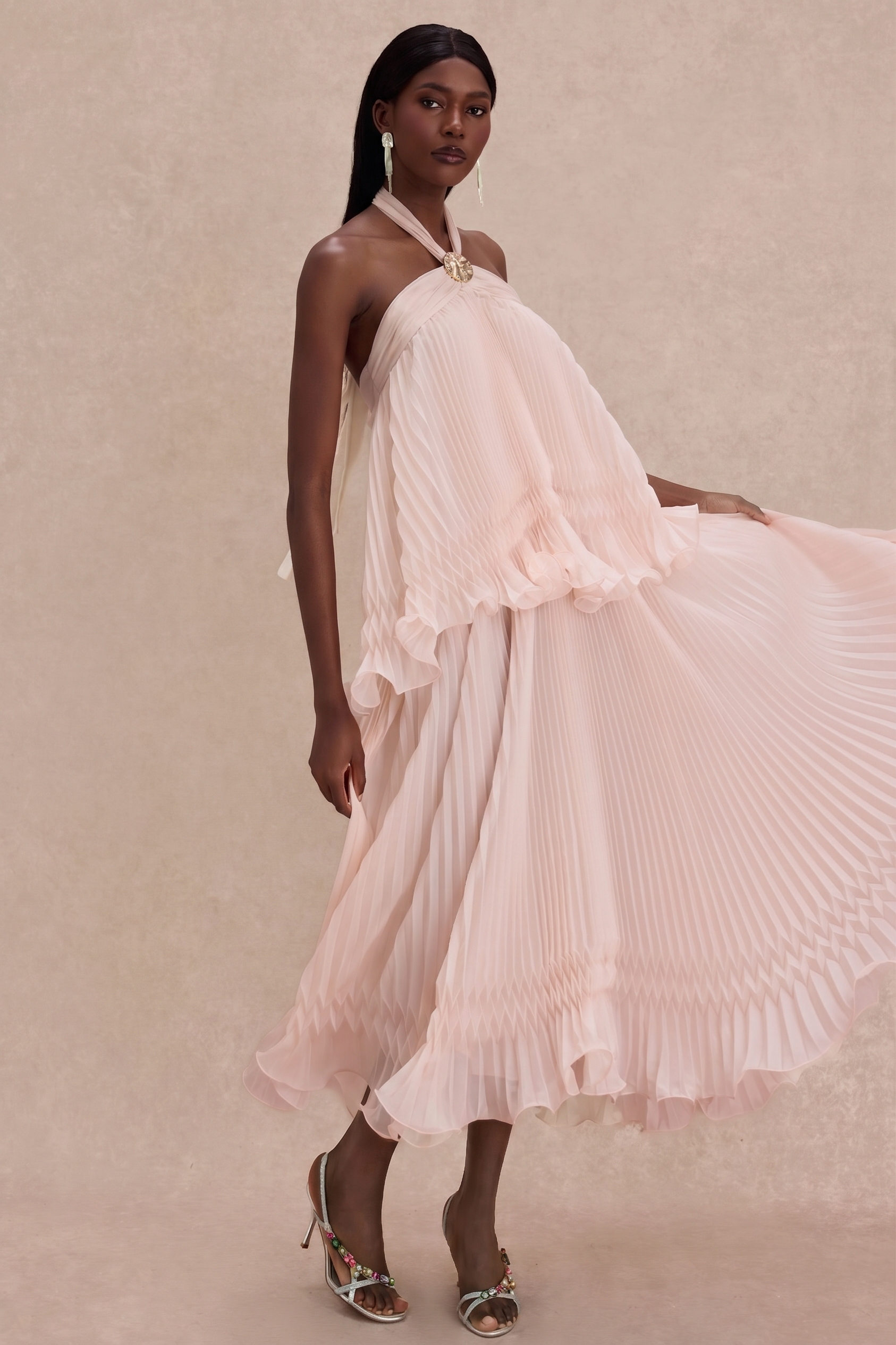 Pleated 3D Flower Halter Neck Midi Dress