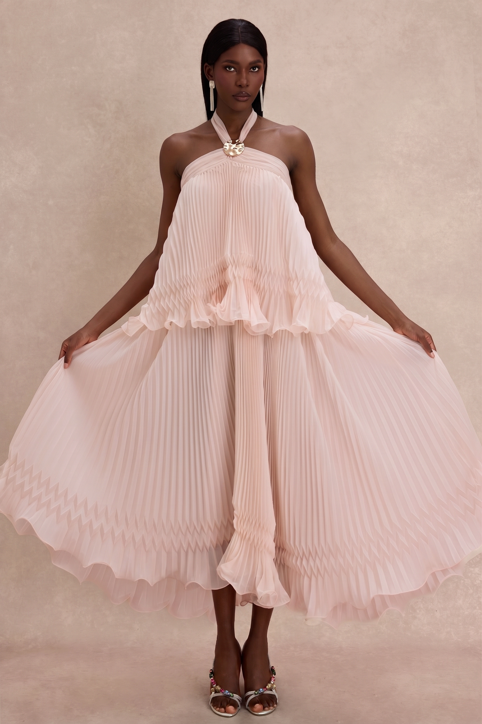 Pleated 3D Flower Halter Neck Midi Dress