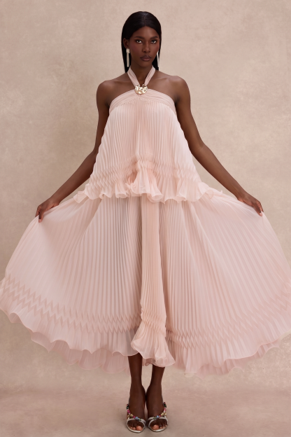 Pleated 3D Flower Halter Neck Midi Dress