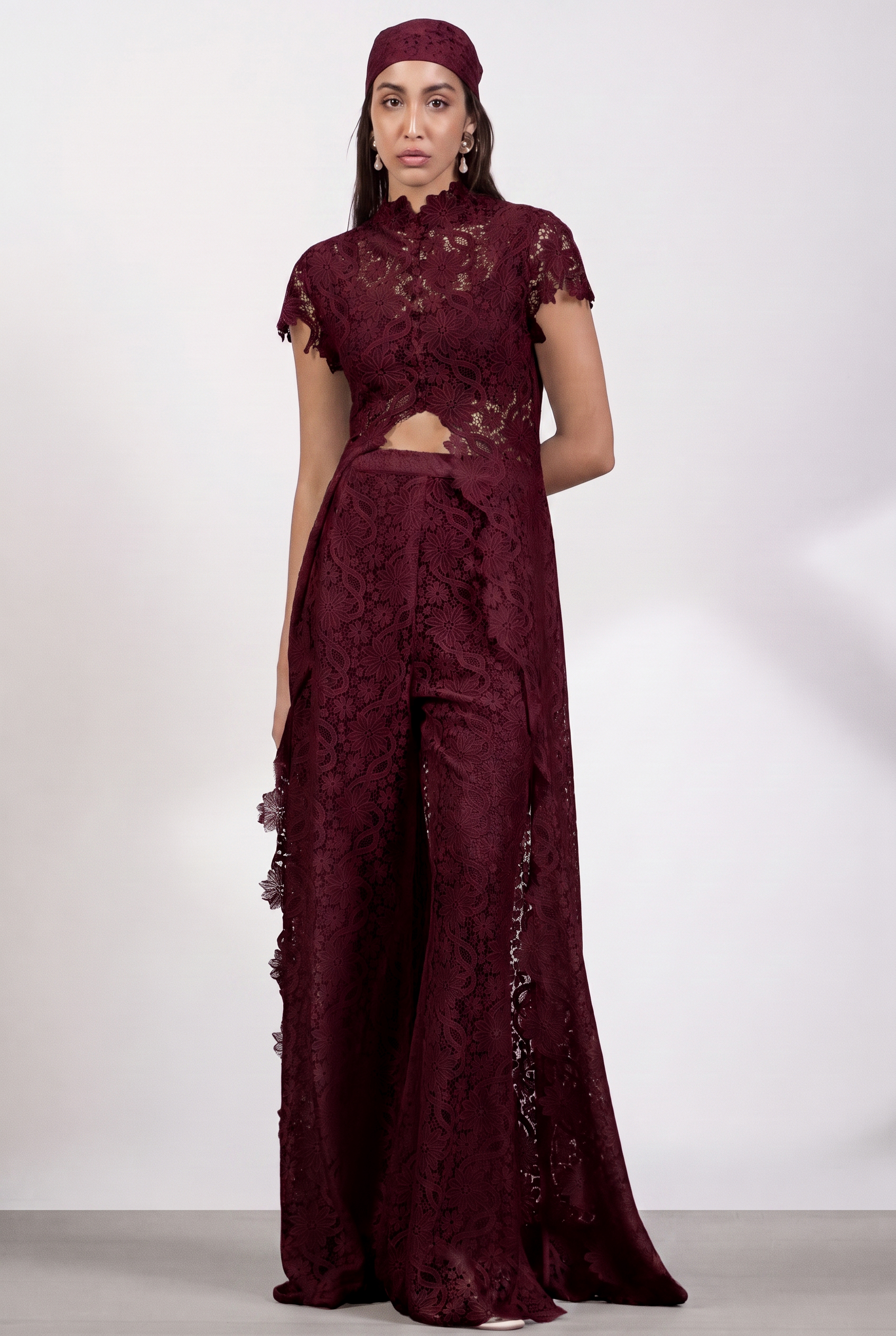 Lace Slit Top & Mid Waist Pants Set
