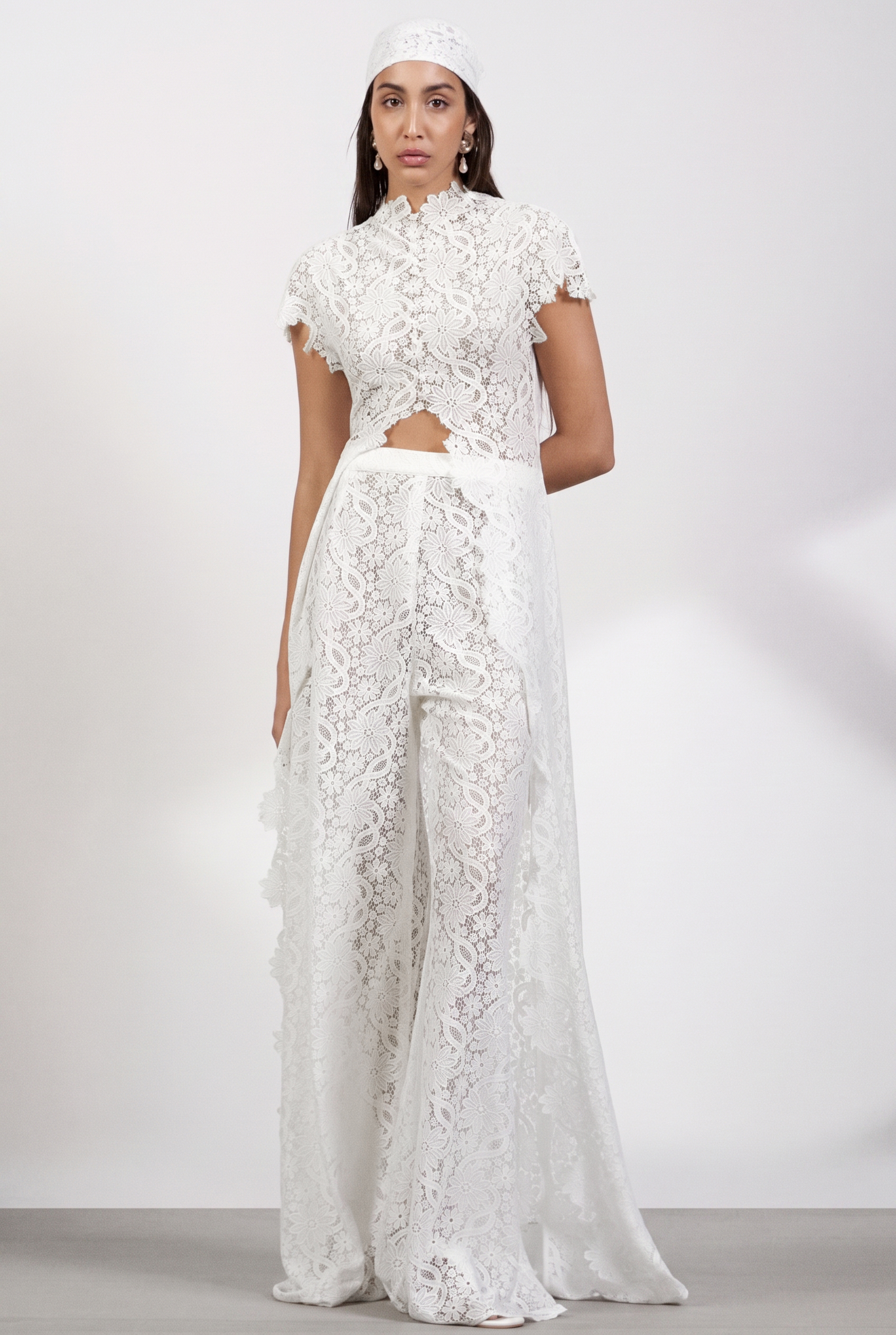 Lace Slit Top & Mid Waist Pants Set