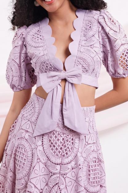Lace V-Neck Bow Top & High Waist Midi Skirt Set