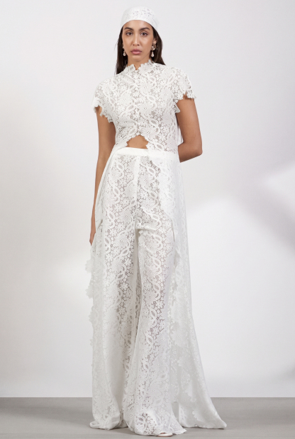 Lace Slit Top & Mid Waist Pants Set