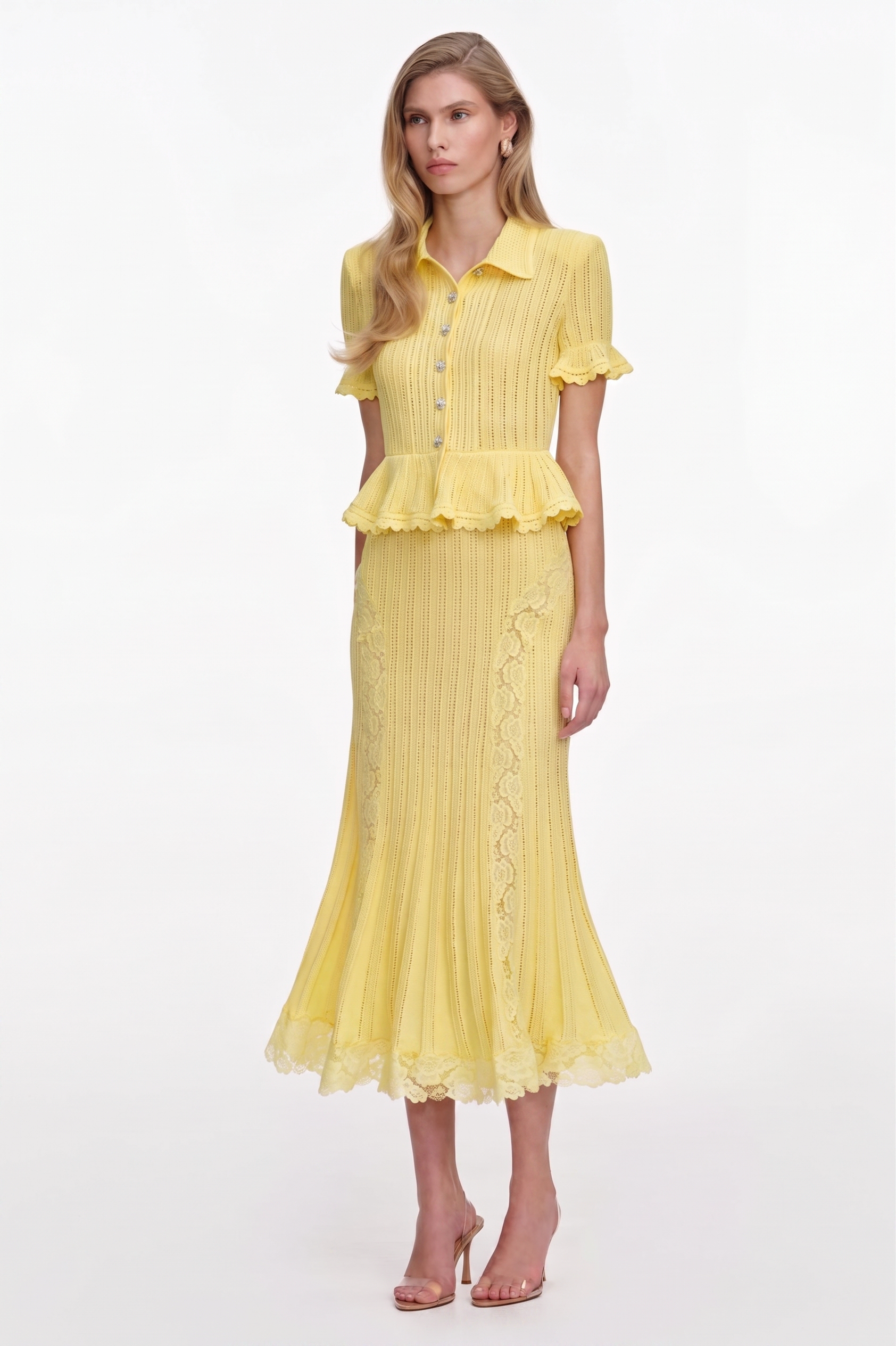 Knit Peplum Hem Top & Lace Splicing Midi Skirt Set