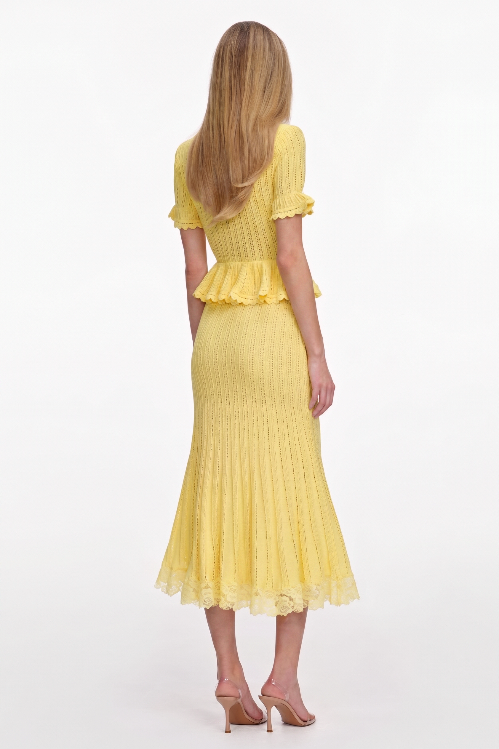 Knit Peplum Hem Top & Lace Splicing Midi Skirt Set
