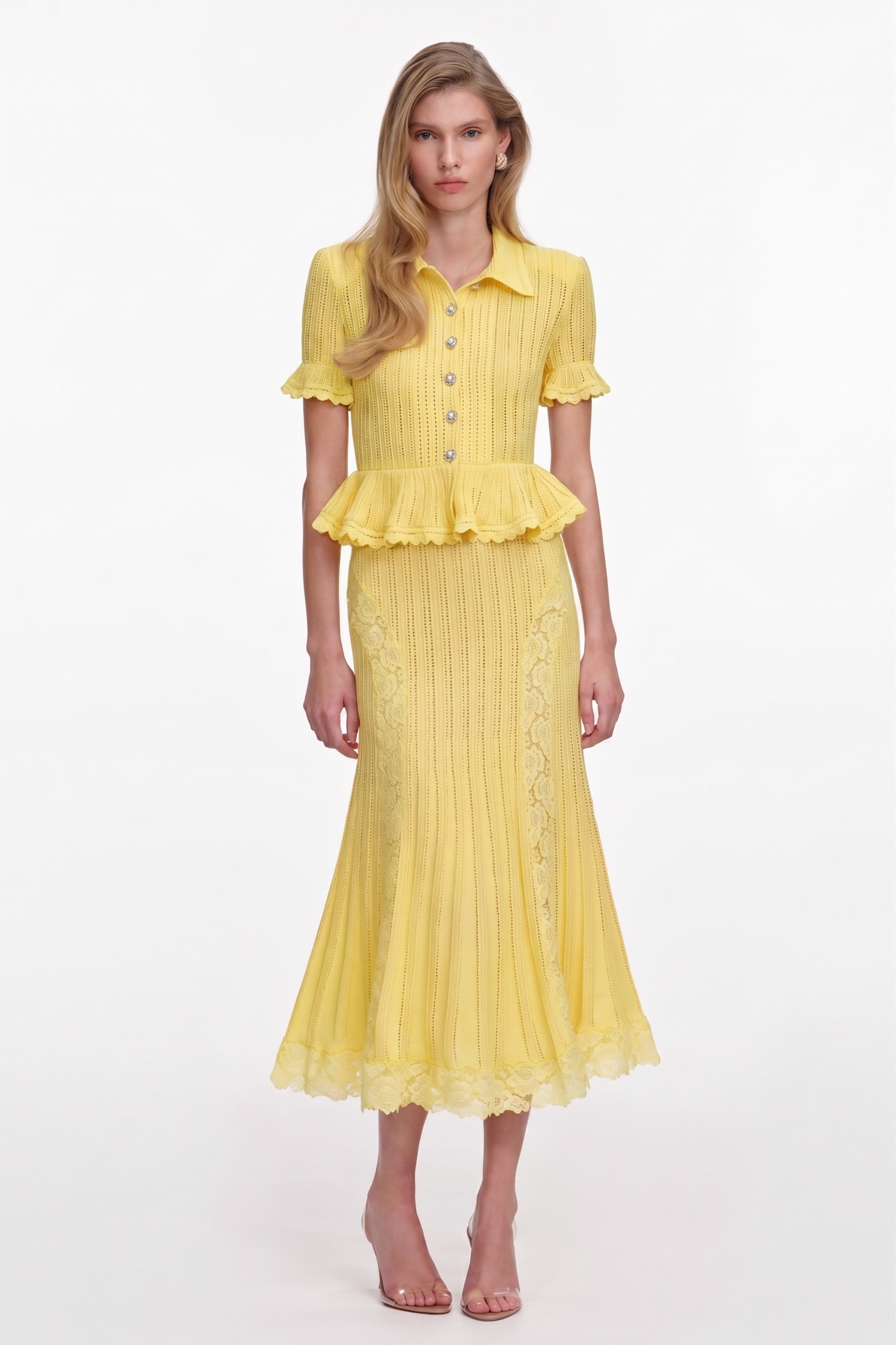 Knit Peplum Hem Top & Lace Splicing Midi Skirt Set