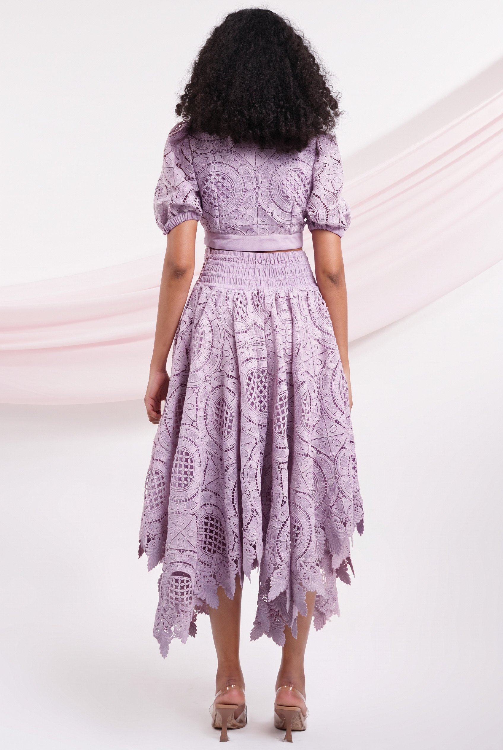 Lace V-Neck Bow Top & High Waist Midi Skirt Set
