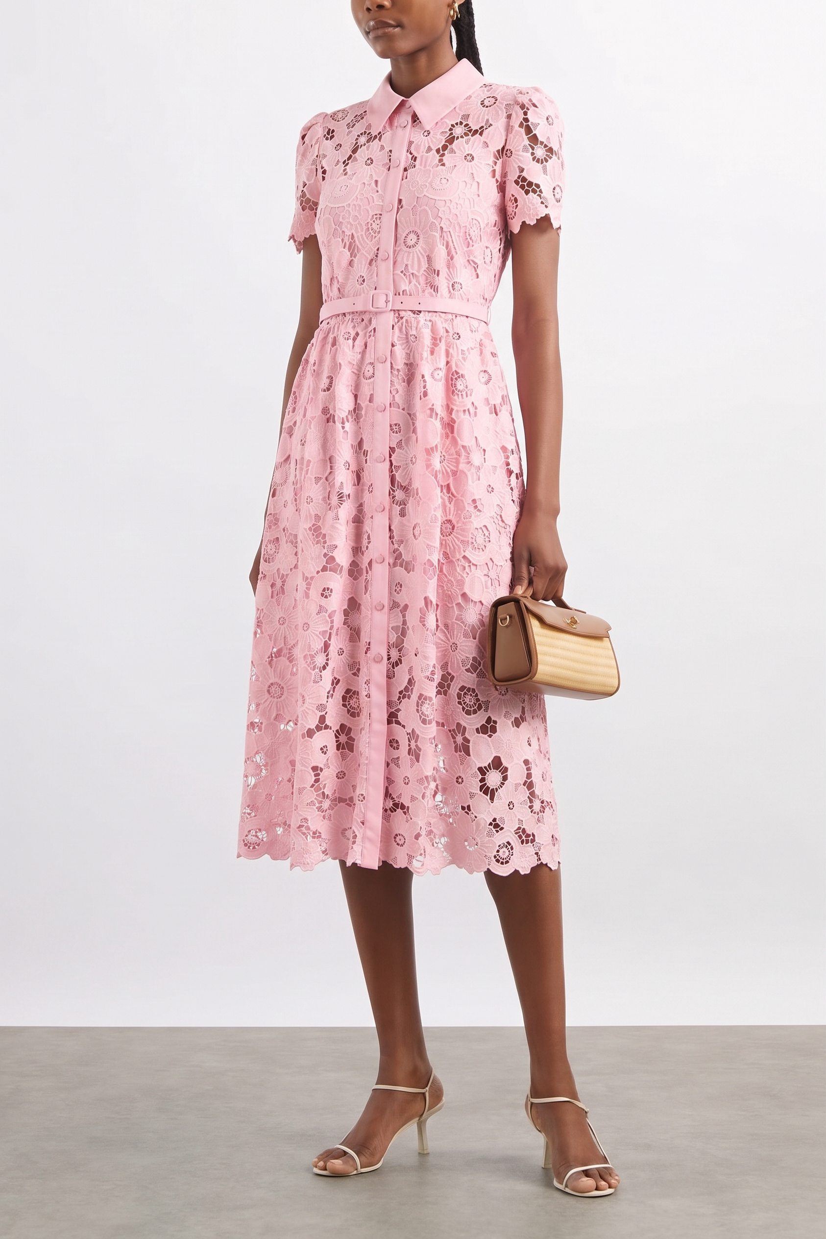 Lace Metal Button Midi Dress With Belt