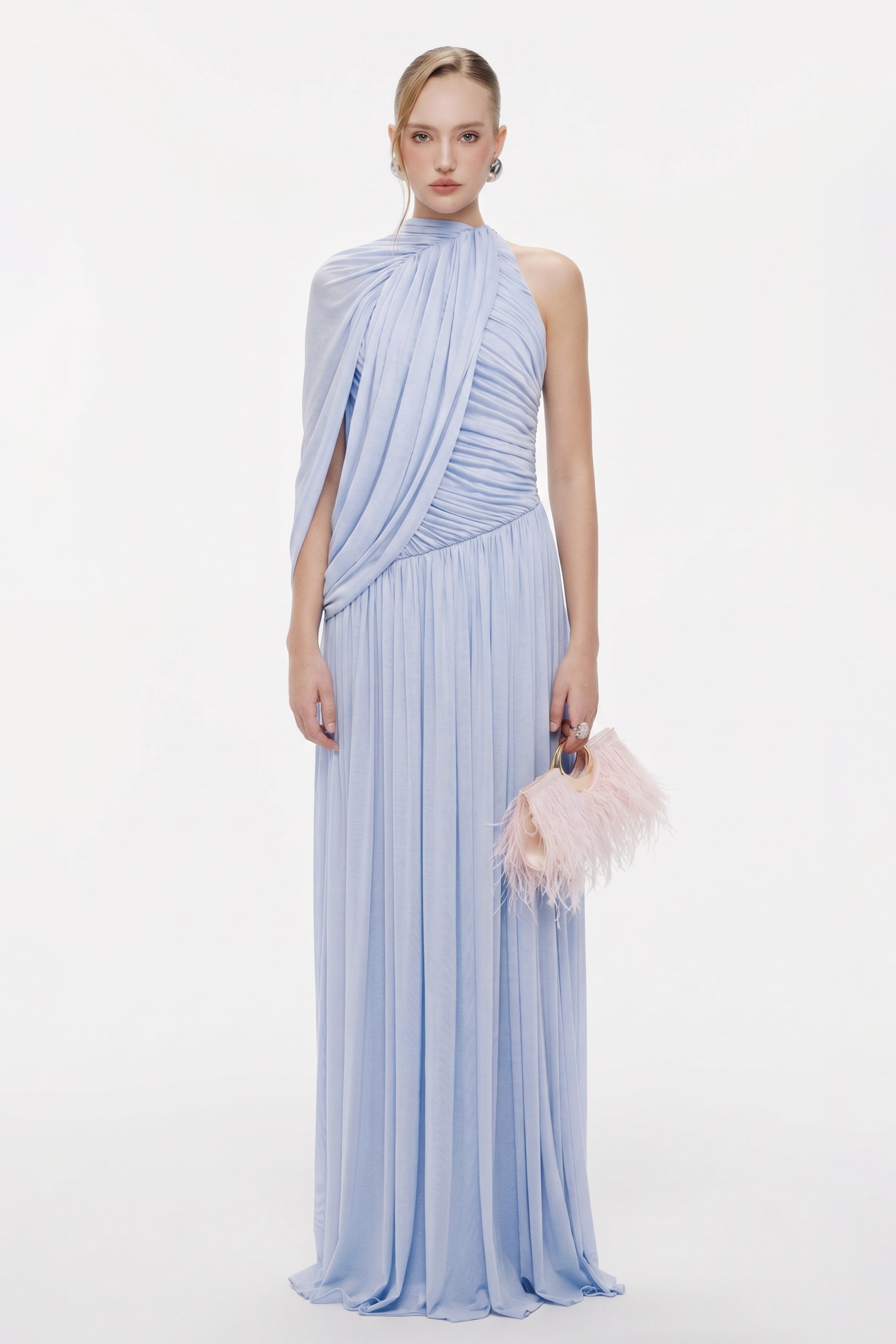 Gathering Solid Asymmetrical Sleeve Maxi Dress