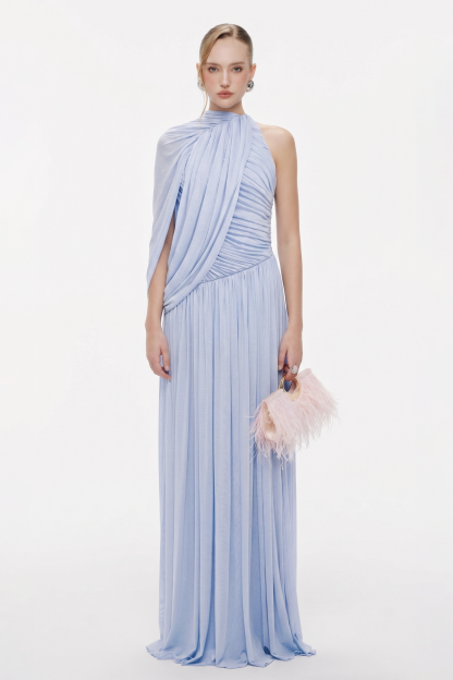 Gathering Solid Asymmetrical Sleeve Maxi Dress