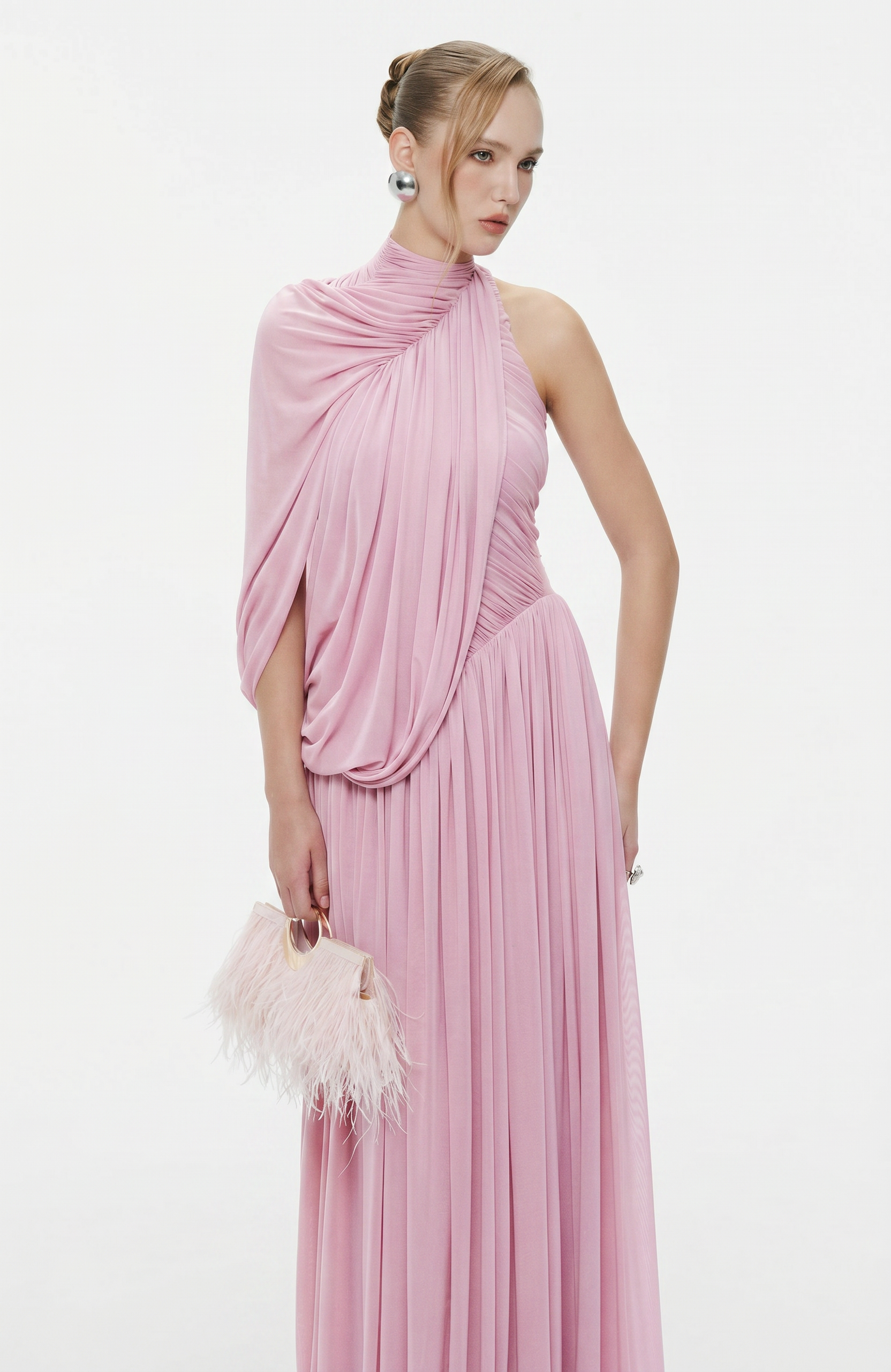 Gathering Solid Asymmetrical Sleeve Maxi Dress