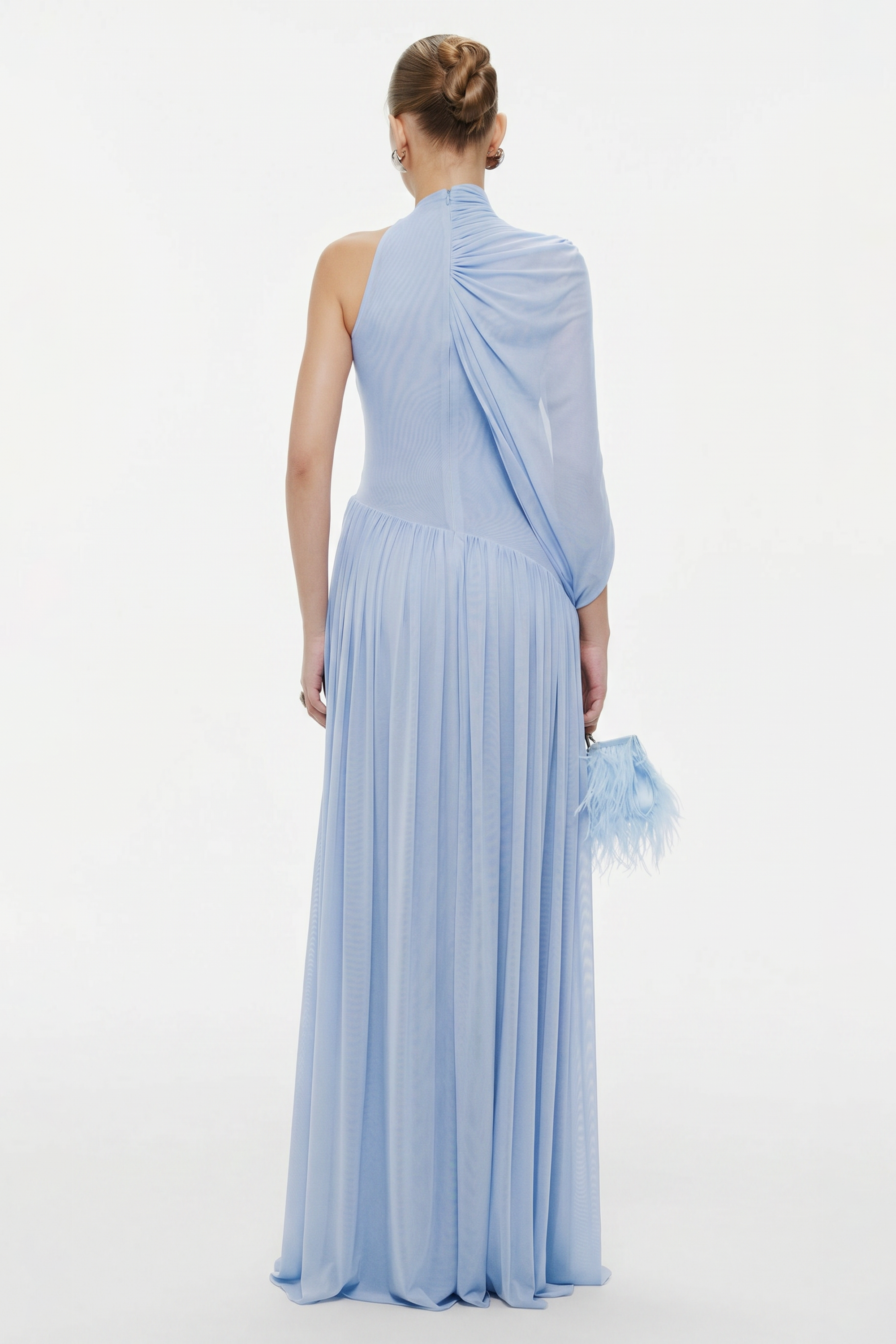Gathering Solid Asymmetrical Sleeve Maxi Dress