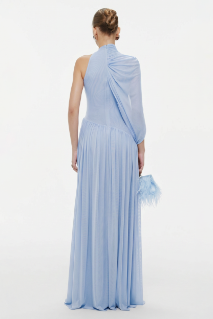 Gathering Solid Asymmetrical Sleeve Maxi Dress