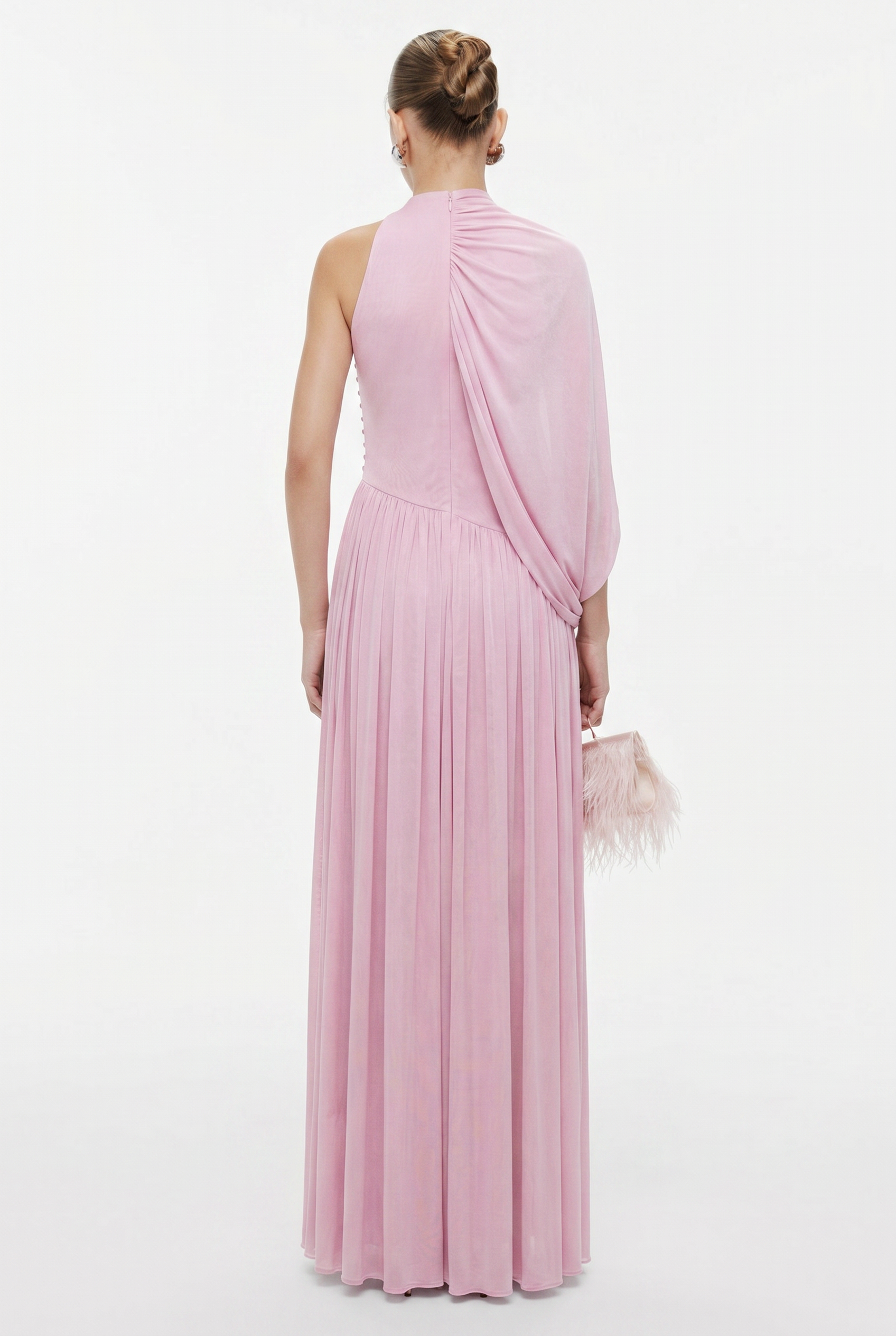 Gathering Solid Asymmetrical Sleeve Maxi Dress