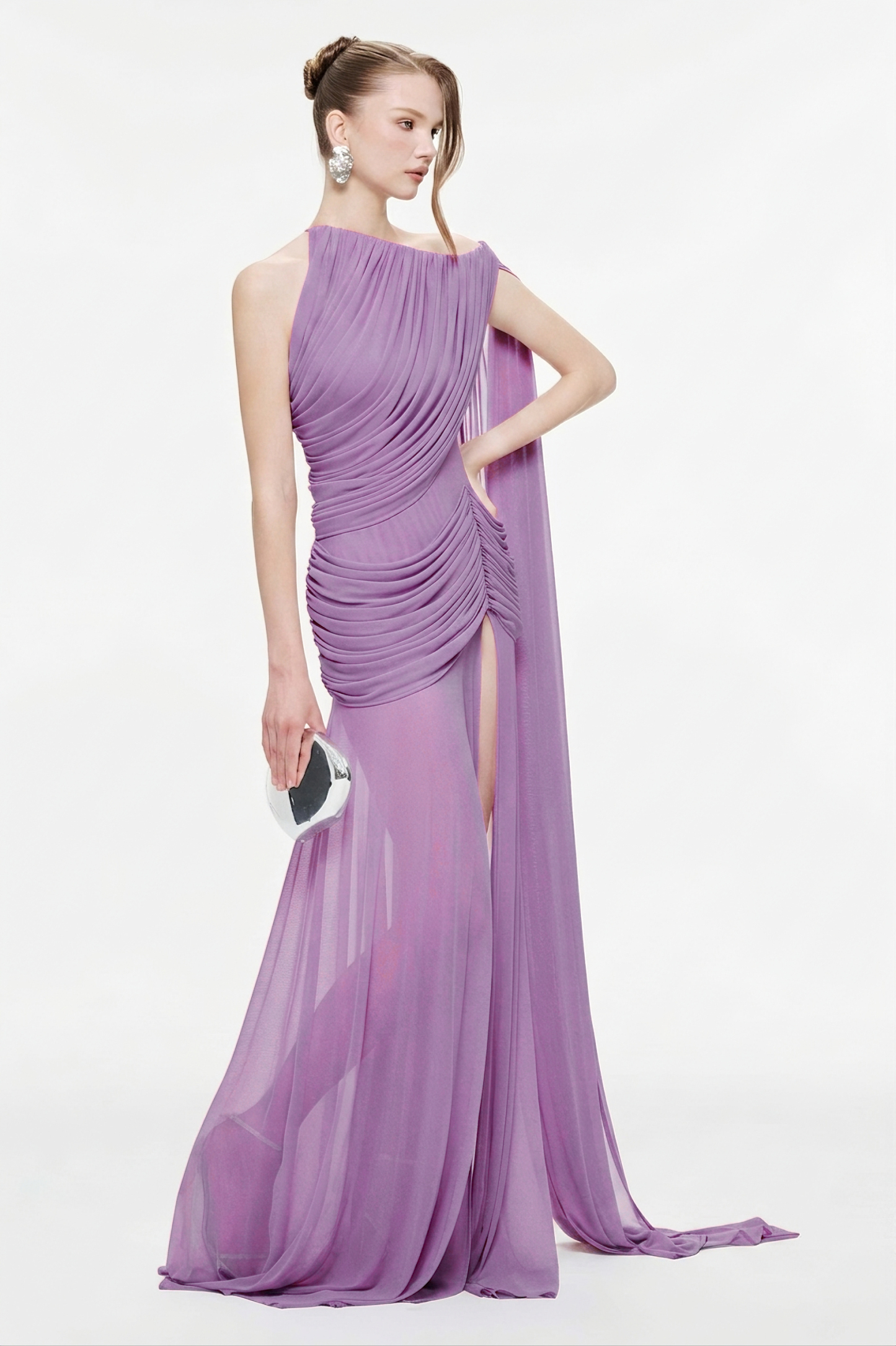 One Shoulder Ruched Slit Maxi Dress