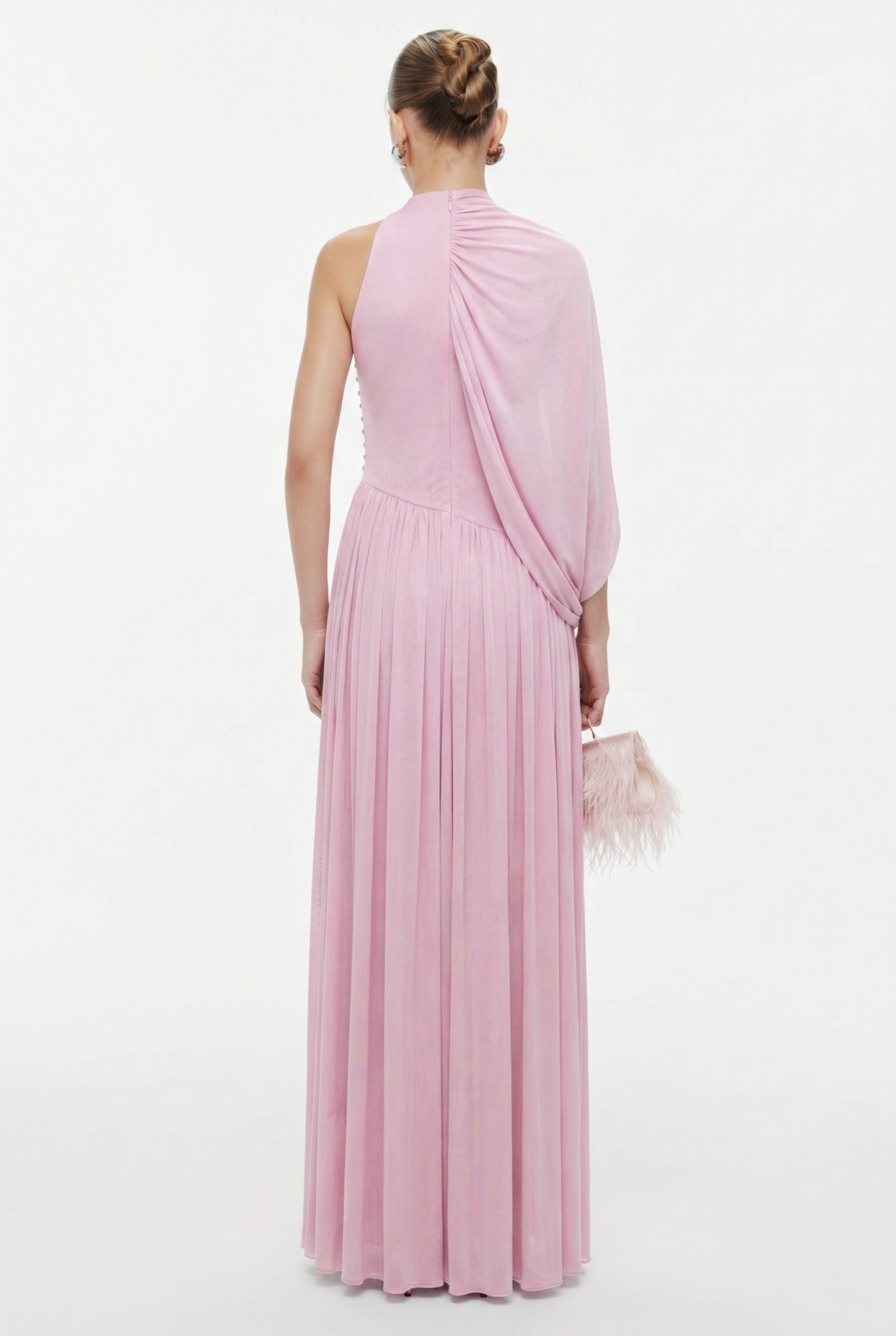 Gathering Solid Asymmetrical Sleeve Maxi Dress