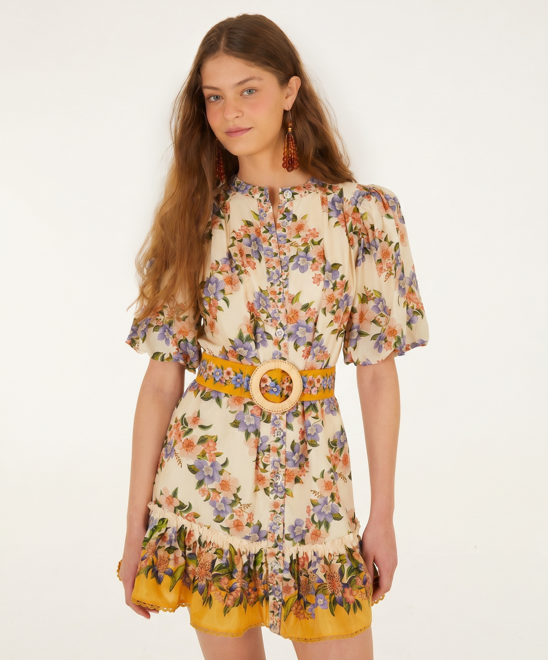 Floral Puff Sleeve Mini Dress With Belt