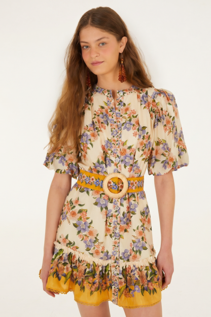 Floral Puff Sleeve Mini Dress With Belt