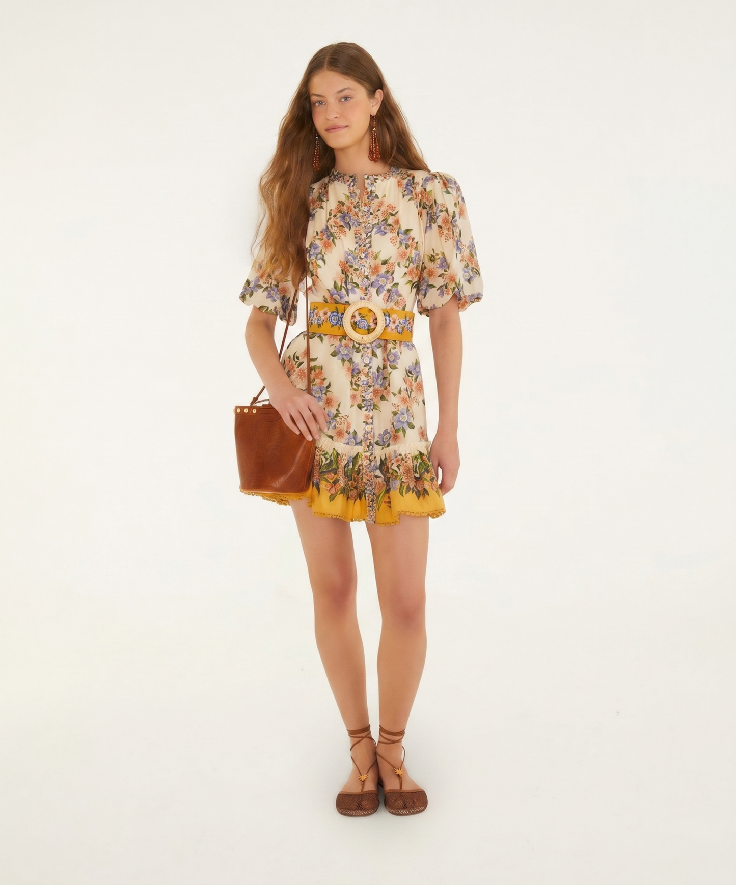 Floral Puff Sleeve Mini Dress With Belt