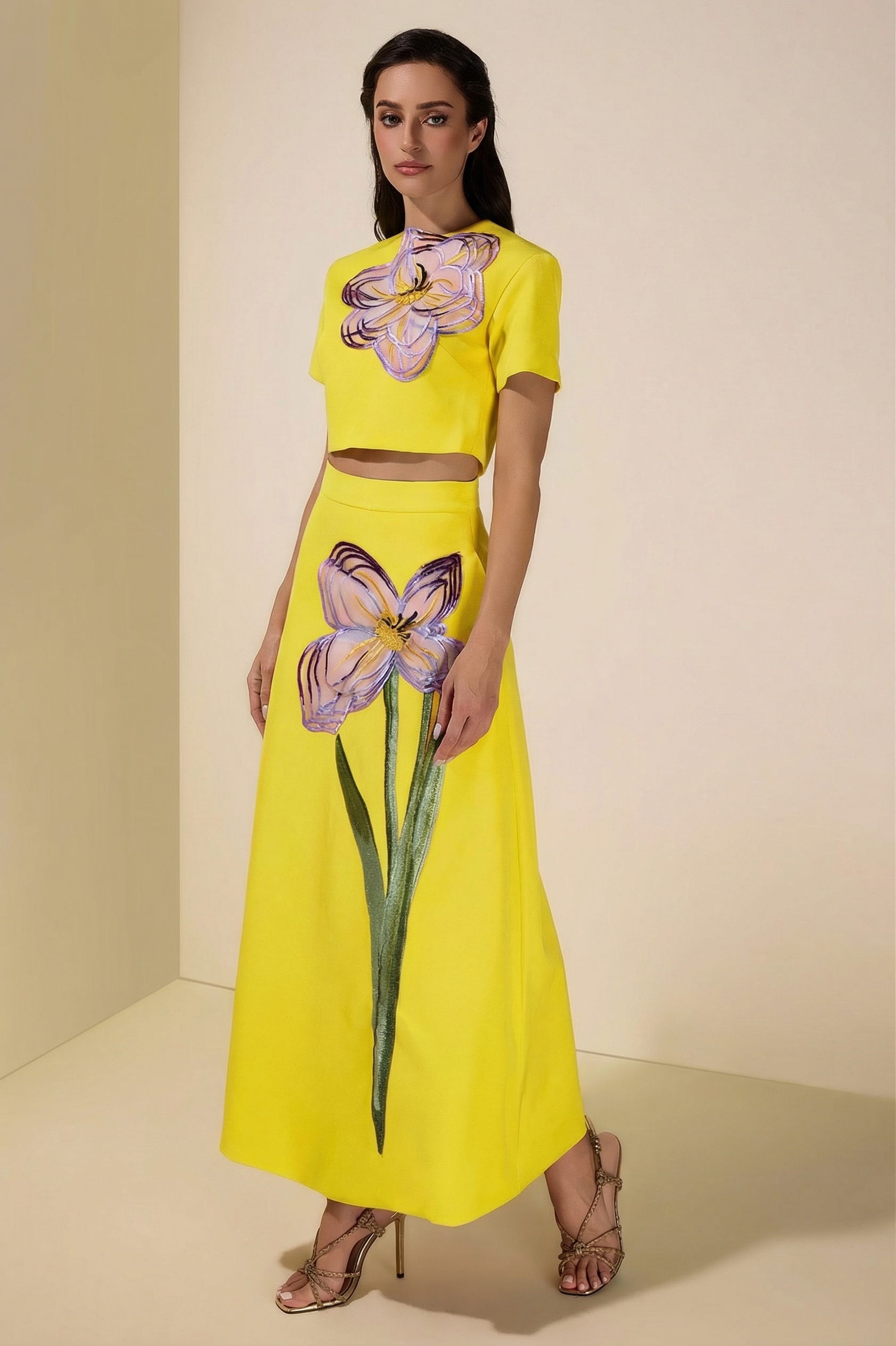 Appliquéd Round Neck Top & Maxi Skirt Set