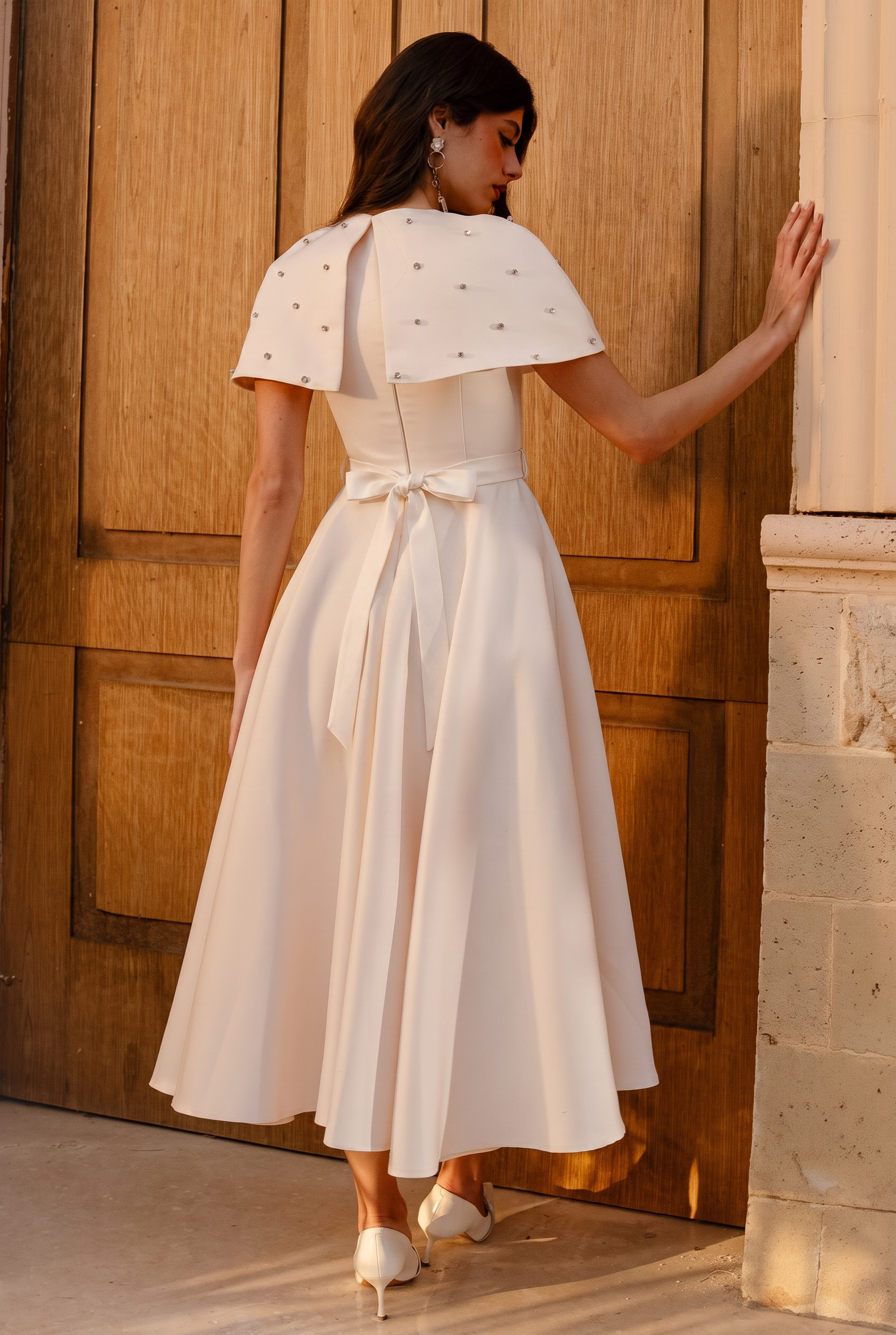 Sleeveless Midi Dress With Crystal Embellished Cape
