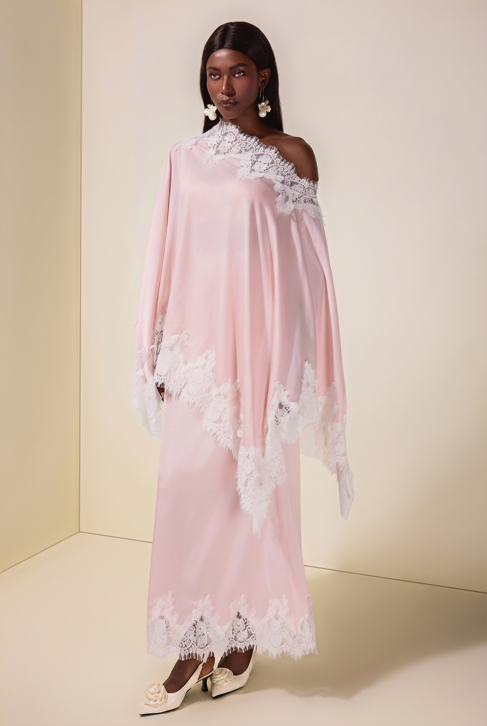 Satin Lace One Shoulder Cape & Maxi Skirt Set