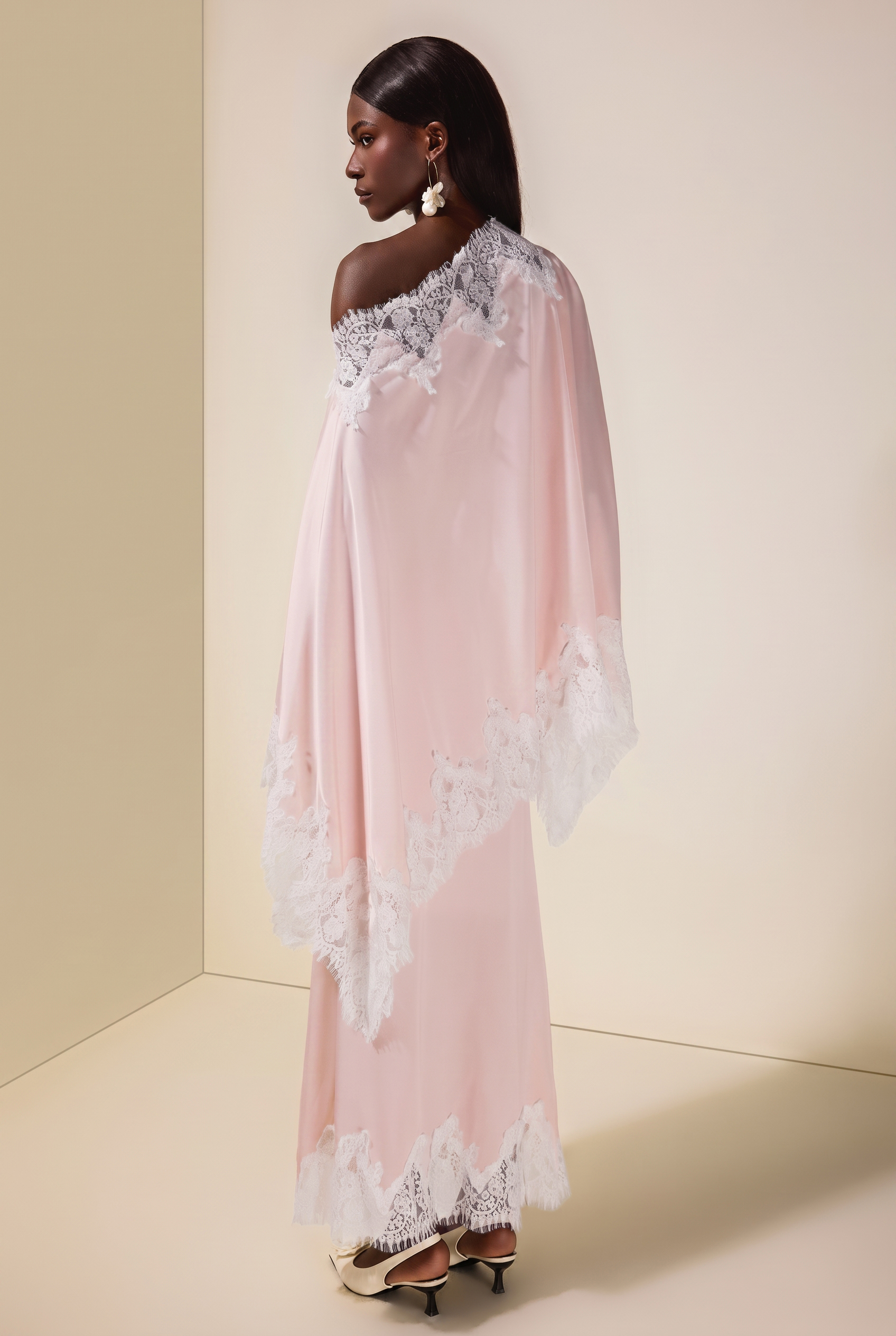 Satin Lace One Shoulder Cape & Maxi Skirt Set