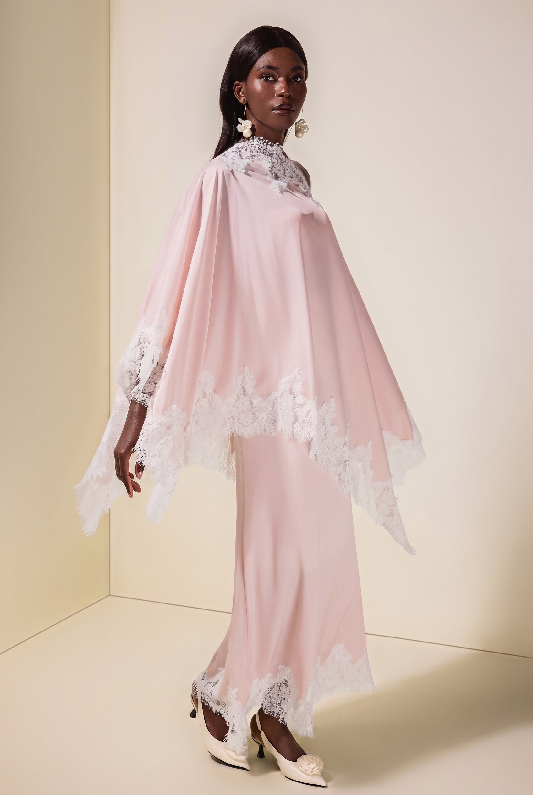 Satin Lace One Shoulder Cape & Maxi Skirt Set