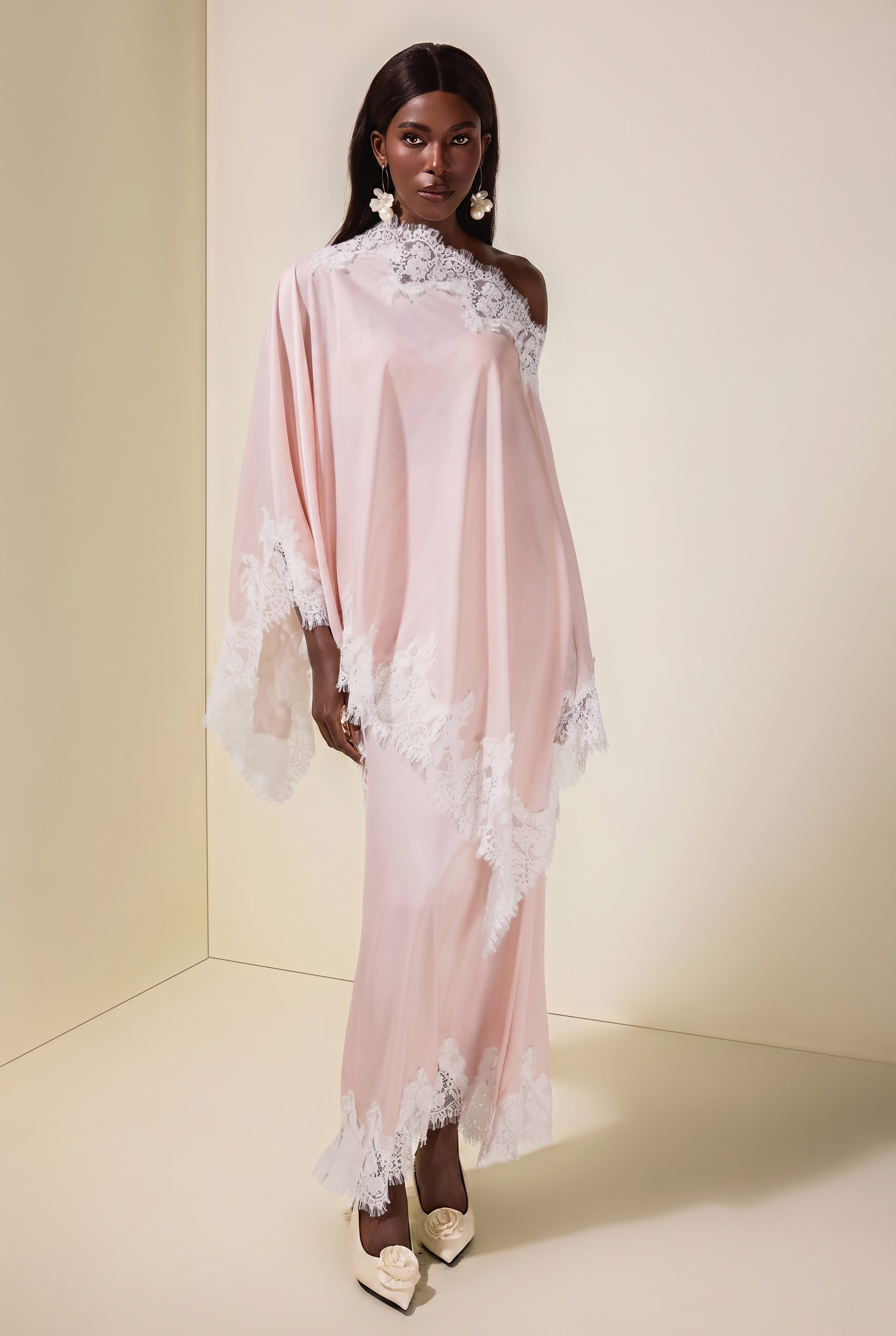 Satin Lace One Shoulder Cape & Maxi Skirt Set