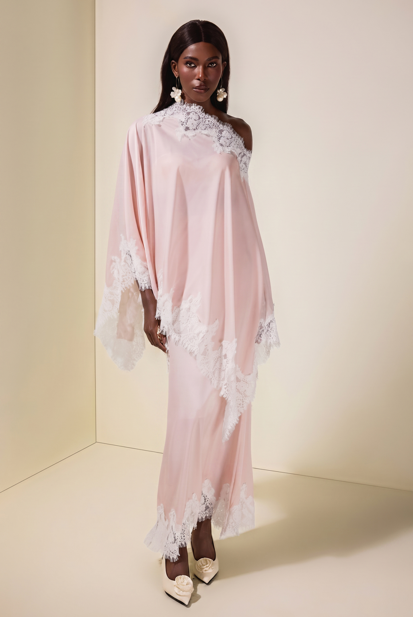 Satin Lace One Shoulder Cape & Maxi Skirt Set