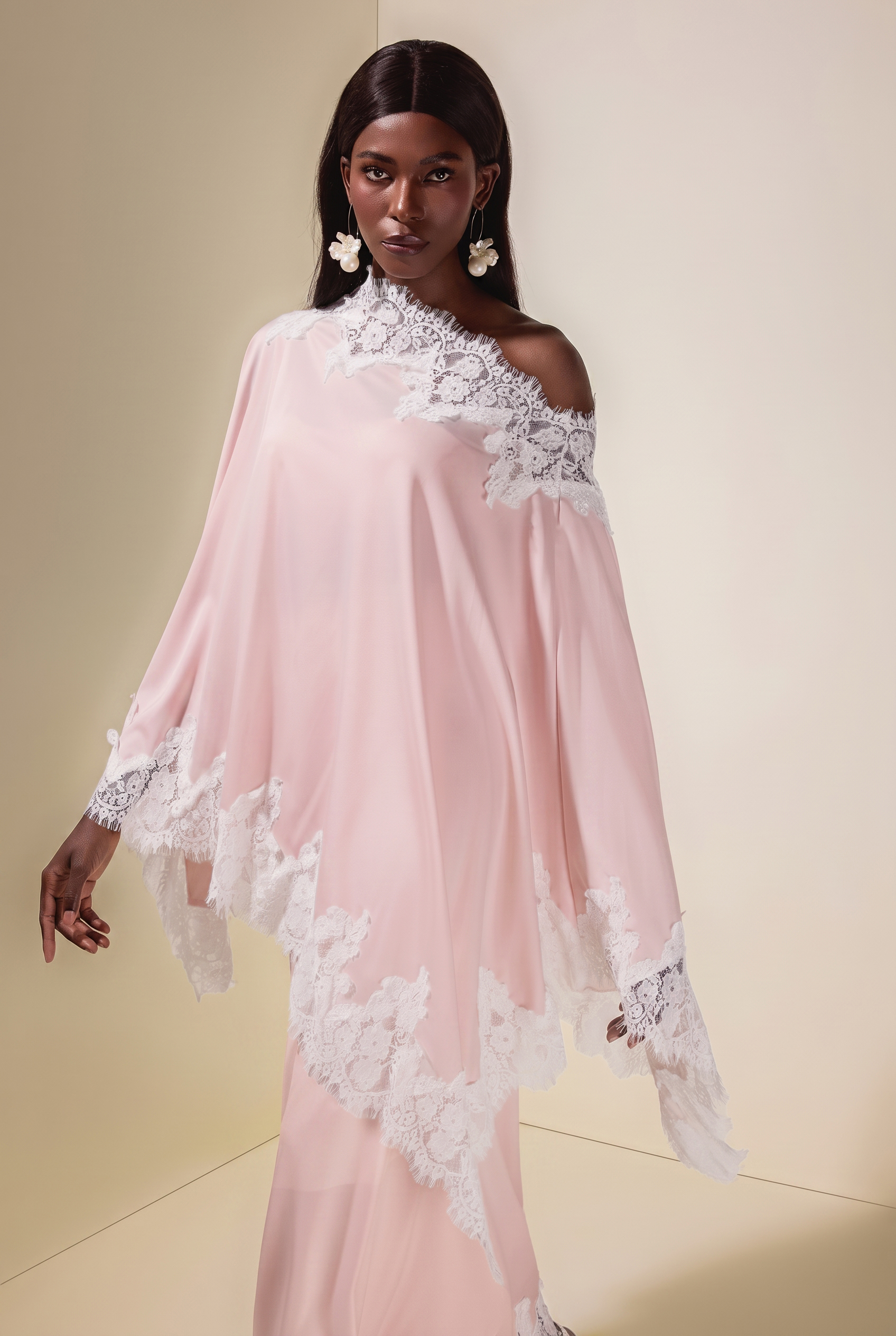 Satin Lace One Shoulder Cape & Maxi Skirt Set