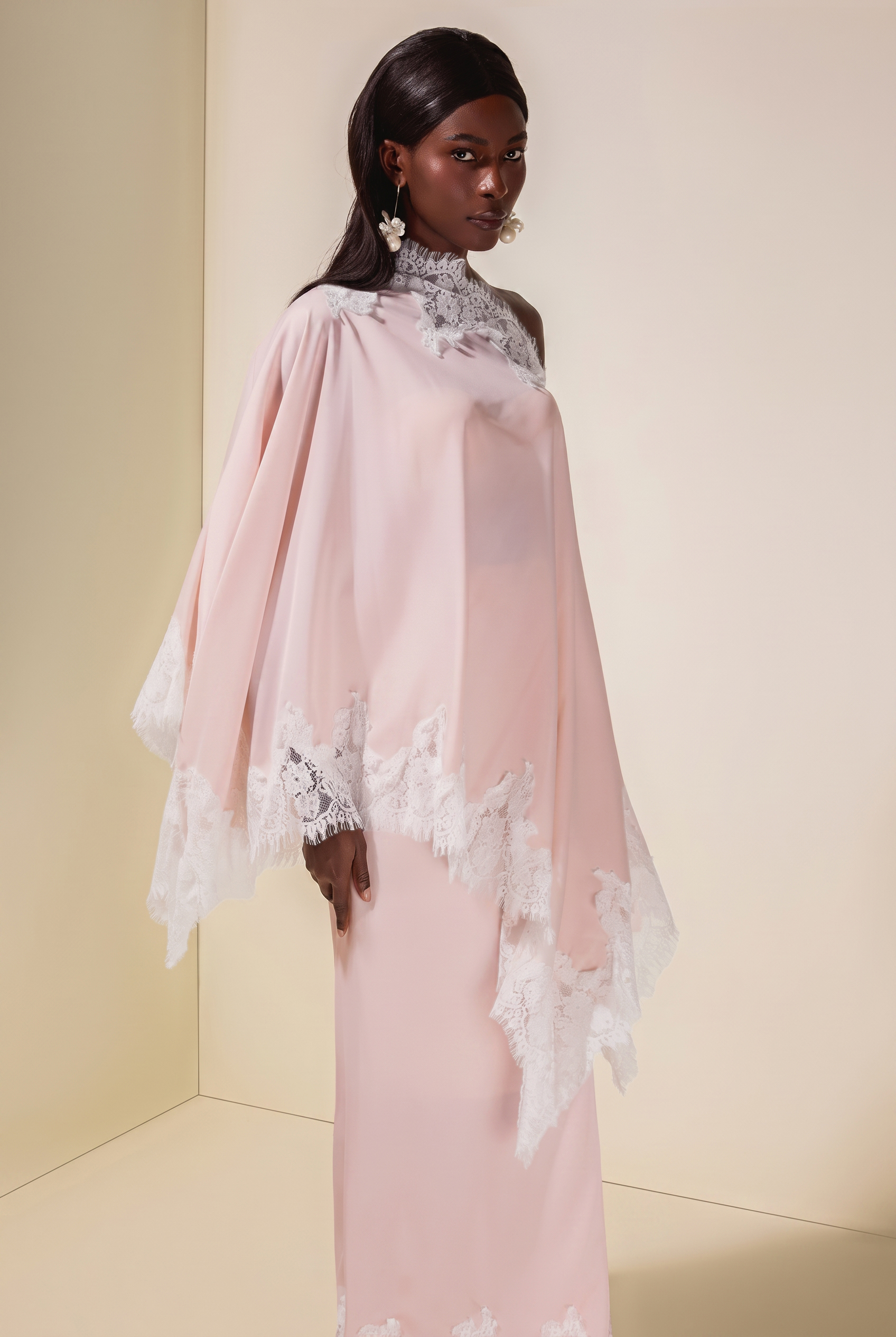 Satin Lace One Shoulder Cape & Maxi Skirt Set