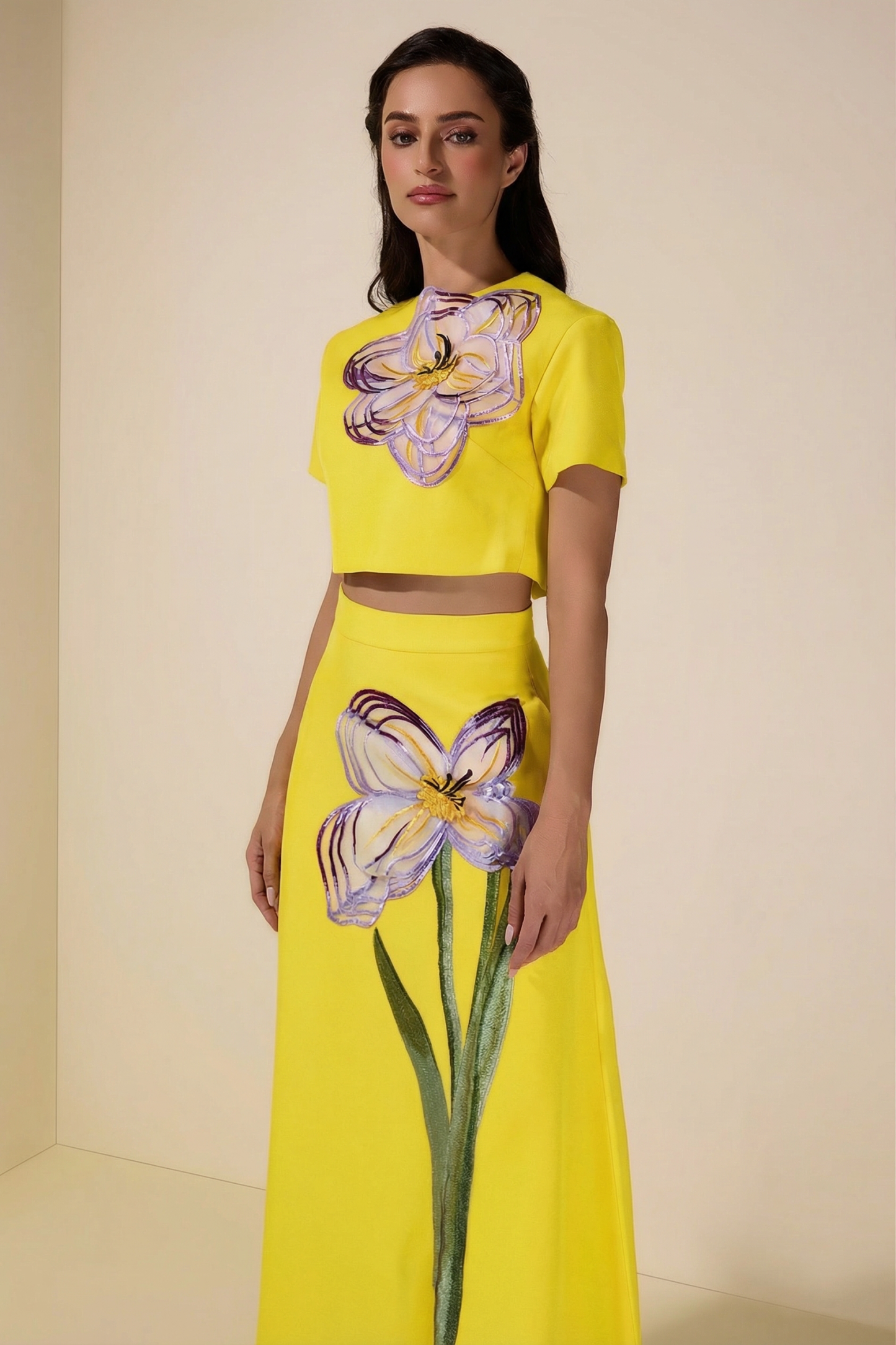Appliquéd Round Neck Top & Maxi Skirt Set