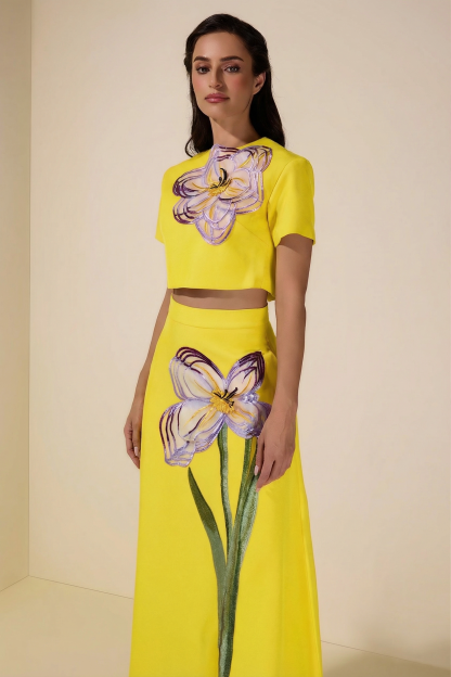 Appliquéd Round Neck Top & Maxi Skirt Set