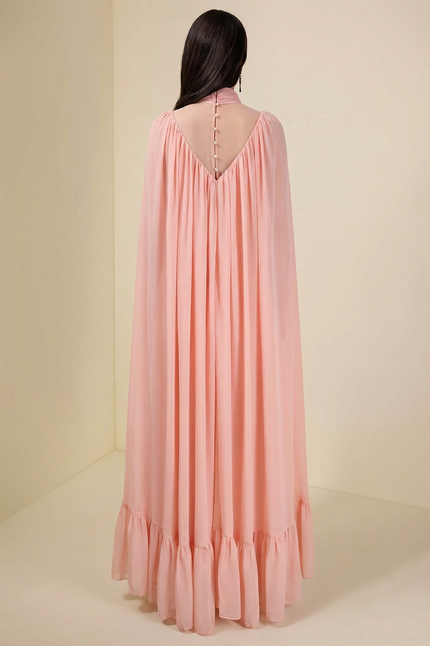 Chiffon Ruffle Cape Sleeve Maxi Dress