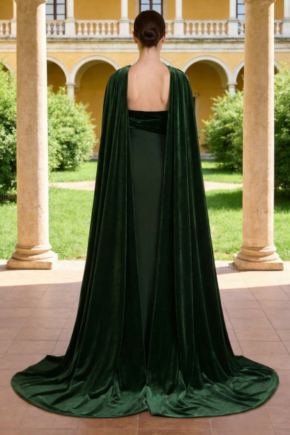 Off-Shoulder Slit Maxi Dress With Velvet Cape