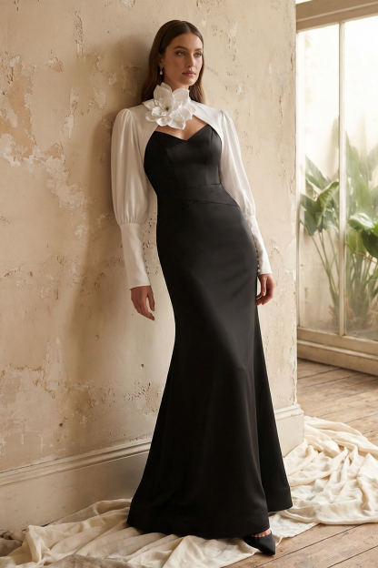 Satin Contrast Color Off-Shoulder 3D Flower Maxi Dress