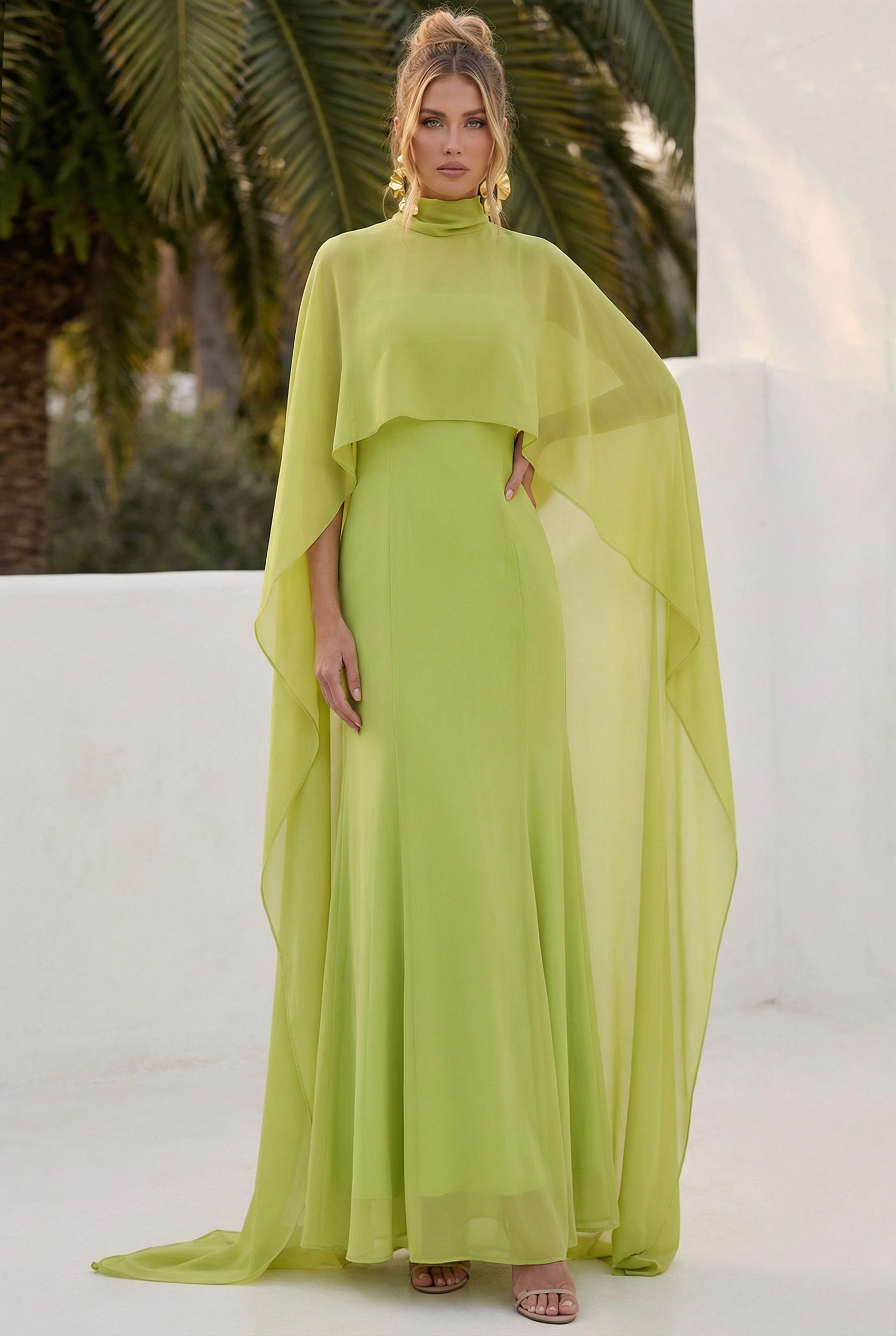 Slip Satin Maxi Dress With Chiffon Cape