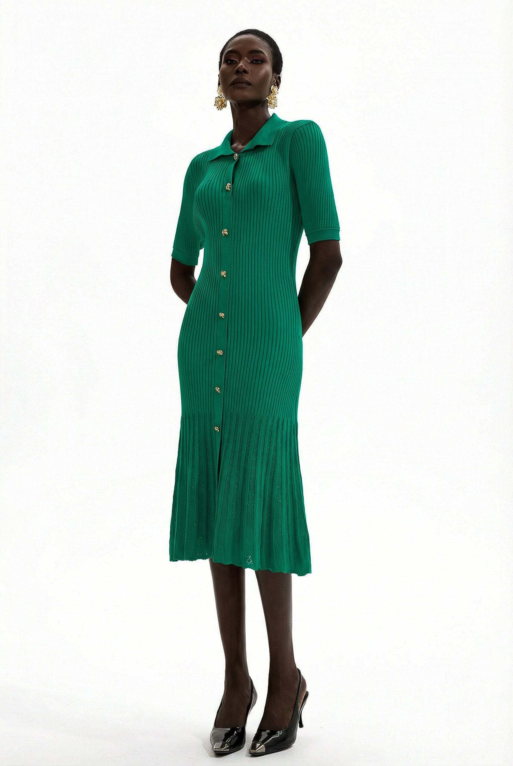 Jersey Flapped Metal Button Midi Dress