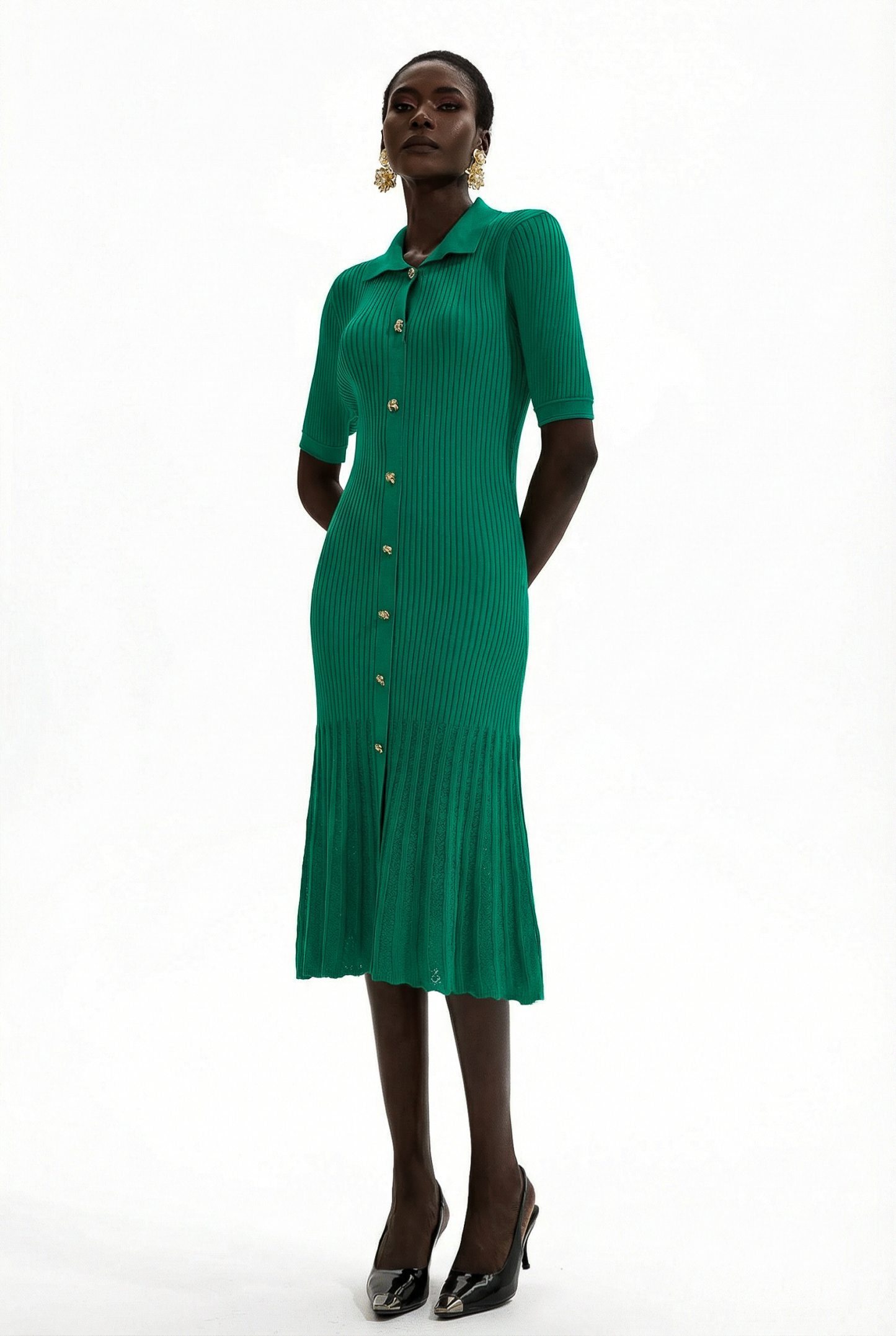 Jersey Flapped Metal Button Midi Dress