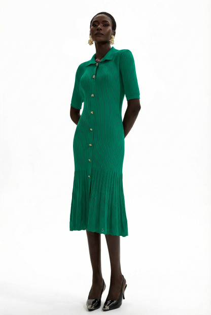 Jersey Flapped Metal Button Midi Dress
