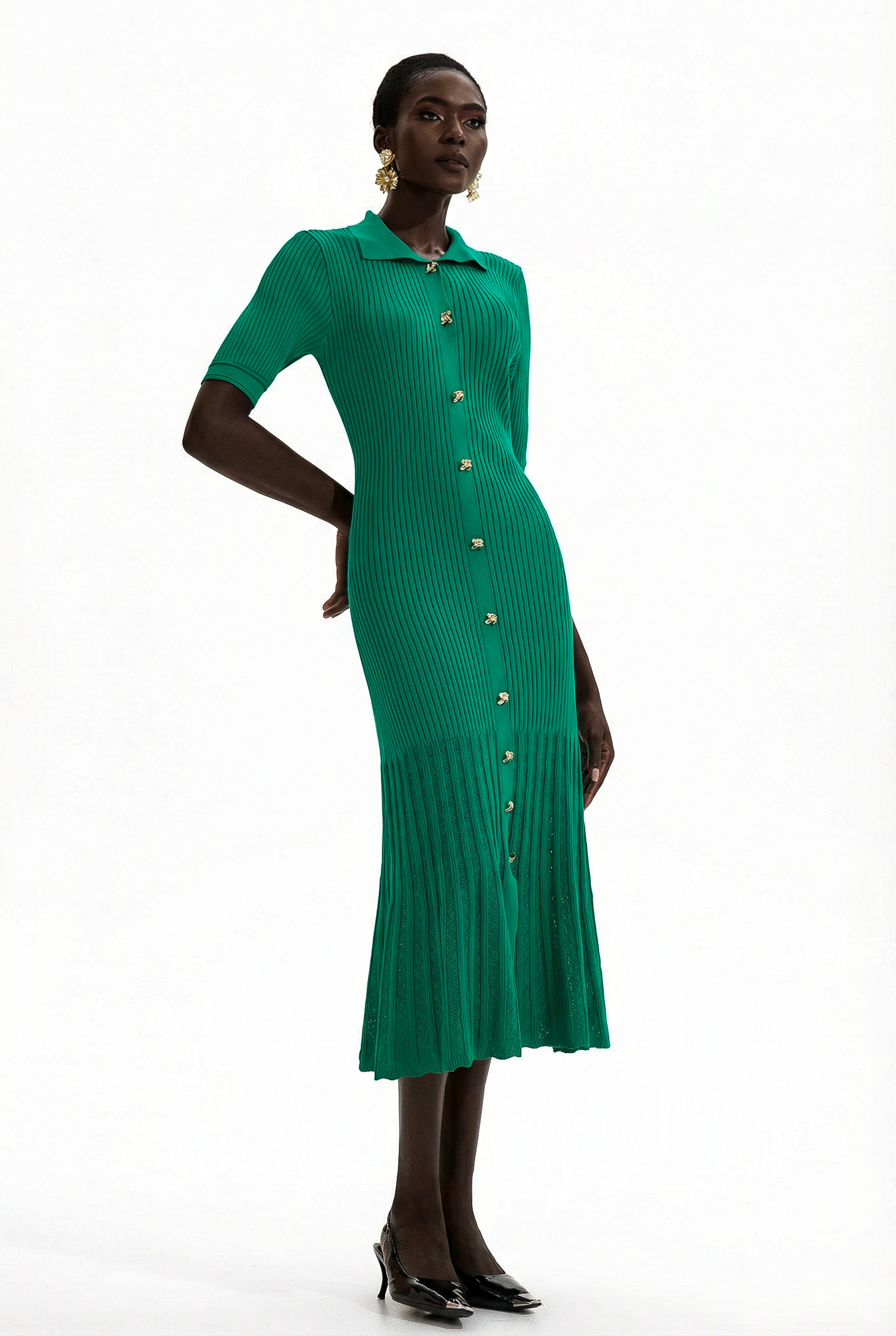 Jersey Flapped Metal Button Midi Dress