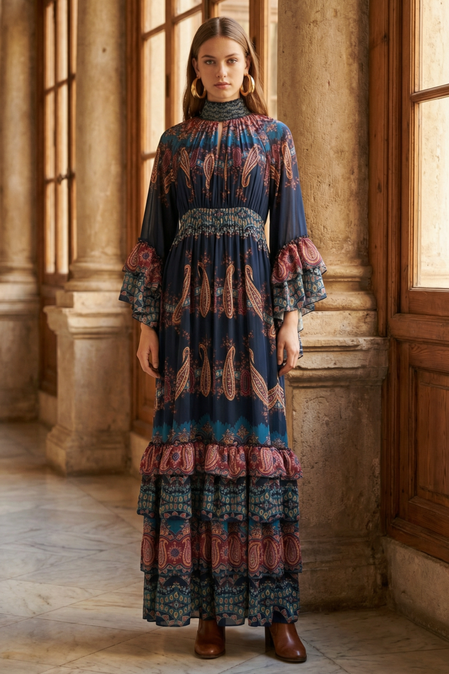 Paisley Print Ruffle Raglan Sleeve Maxi Dress
