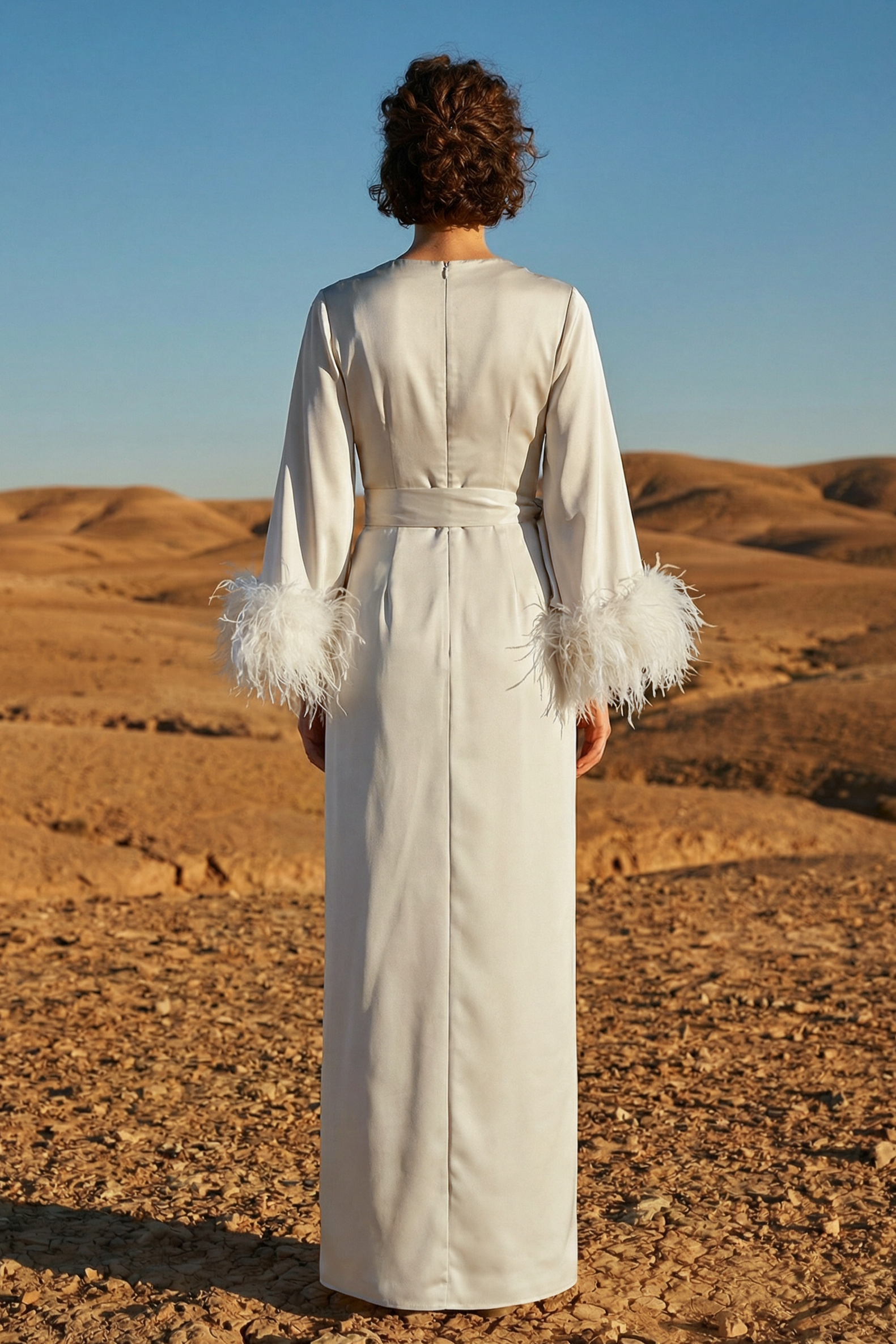 Satin Lace-Up Feather-Trimmed Pleated Maxi Dress