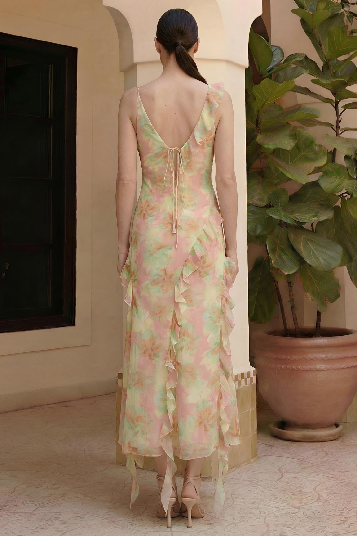 Tie Dye Ruffle Tie-Up Midi Dress