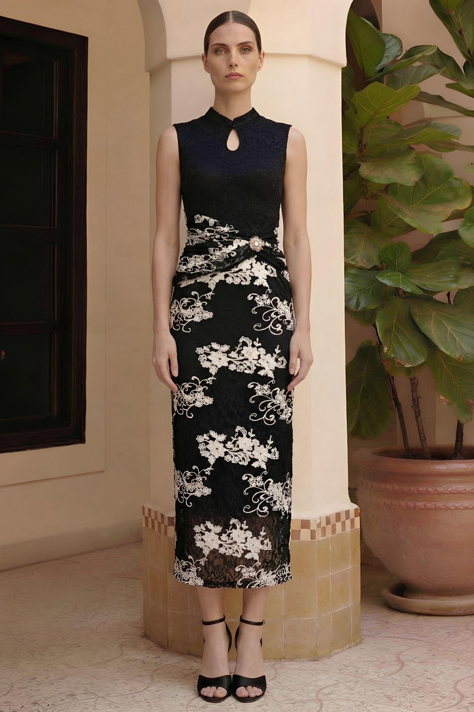 Lace Embroidered Stand Collar Maxi Dress