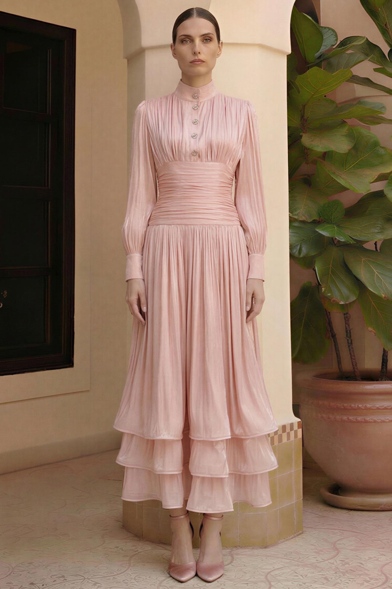 Satin Ruffle Lantern Sleeve Midi Dress