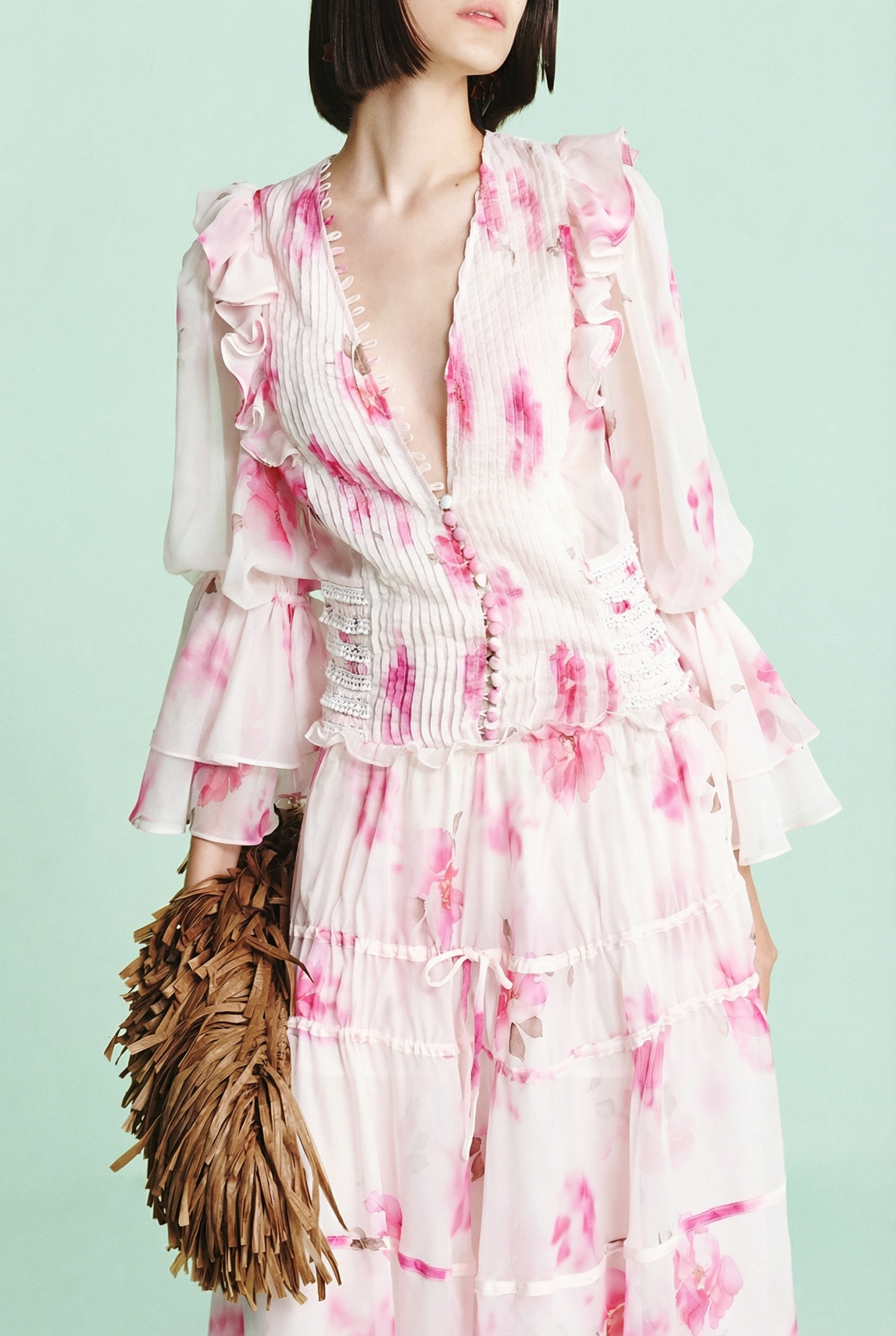 Floral Pleated Ruffle Maxi Dress