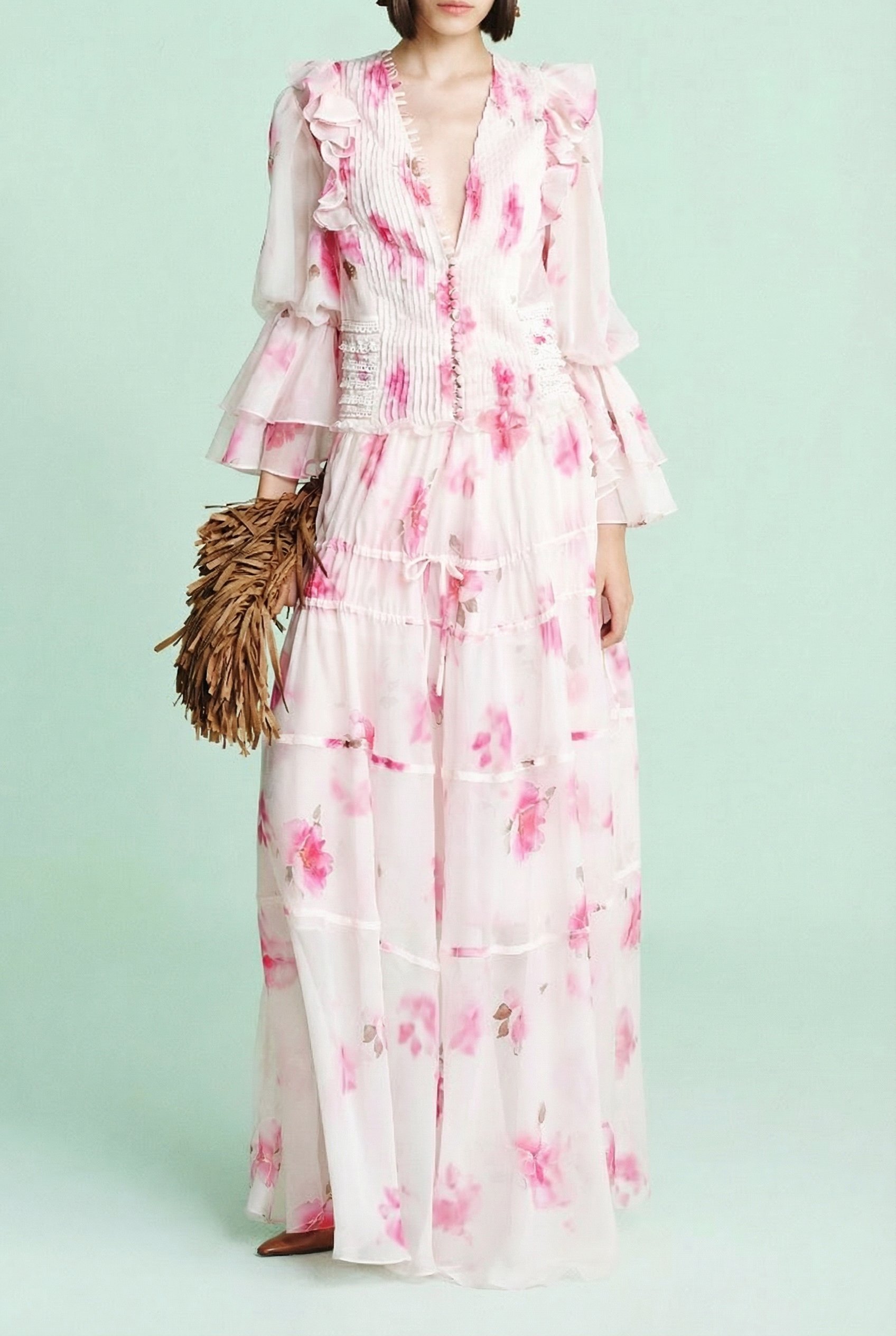 Floral Pleated Ruffle Maxi Dress