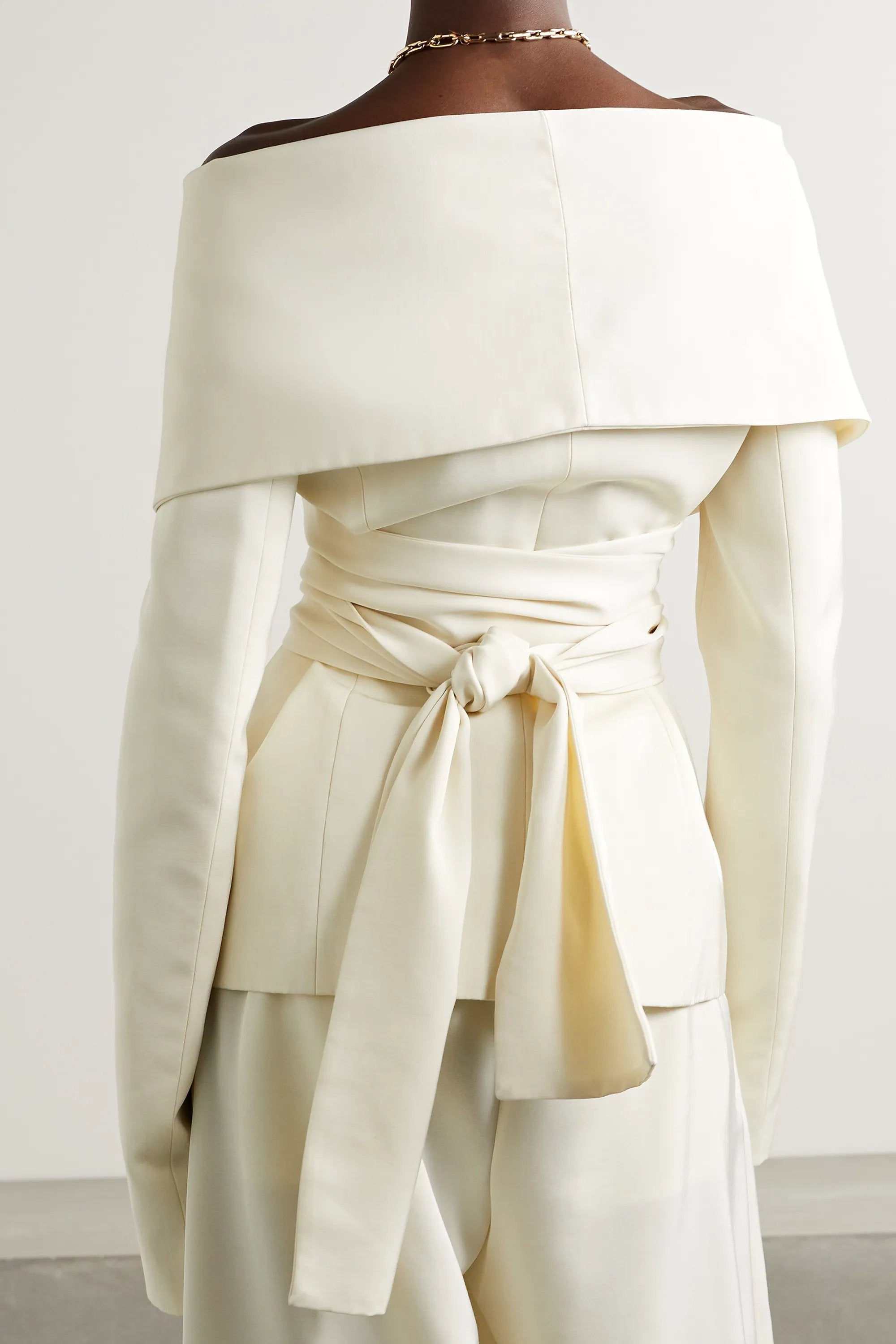 Long Sleeve One-Shoulder Lace Up Twill Set White